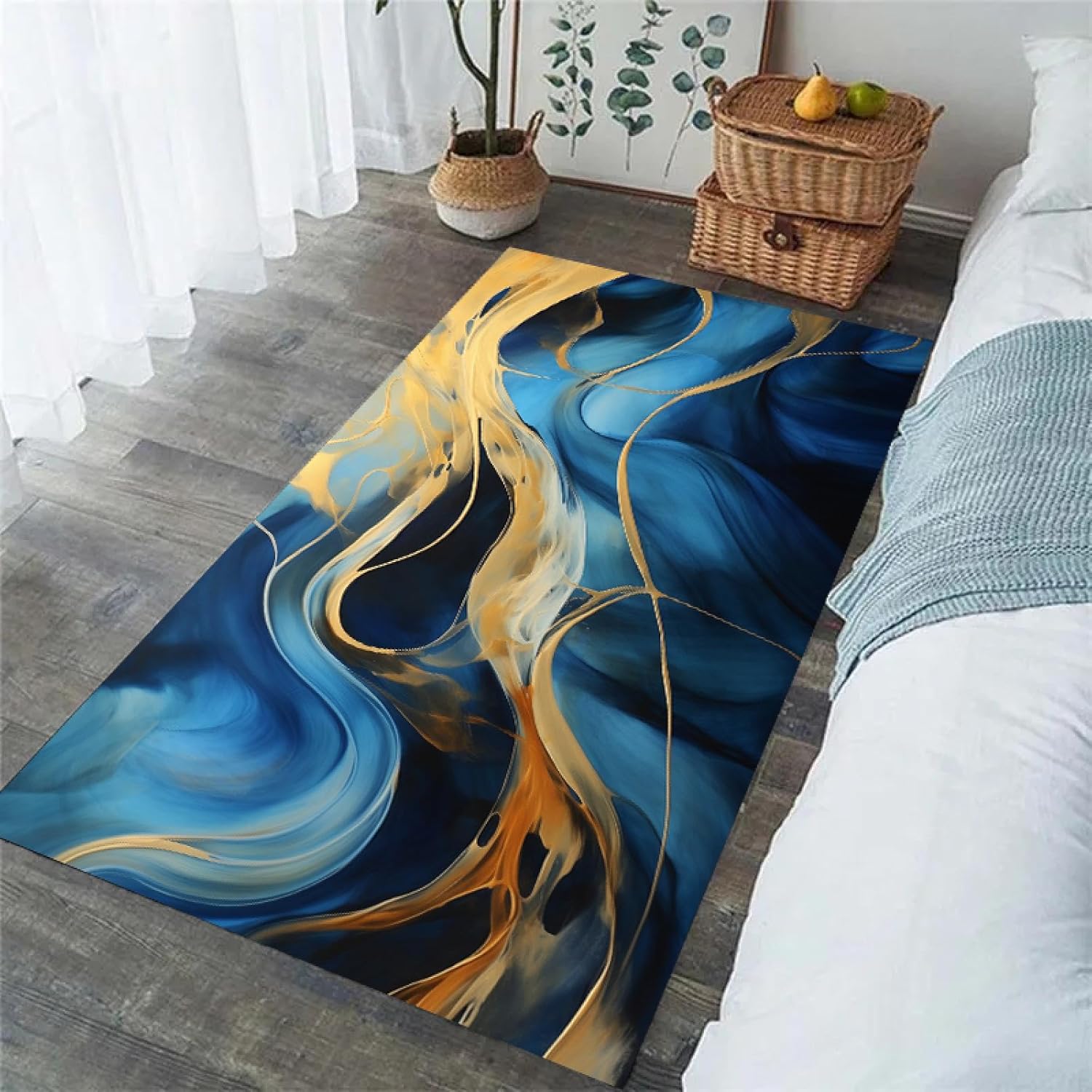 Kitchen Rug Luxury Blue Gold Marble Pattern Entrance Door Mat Bedroom Living Room Hallway Anti-Slip Long Strip Carpet 60x220cm