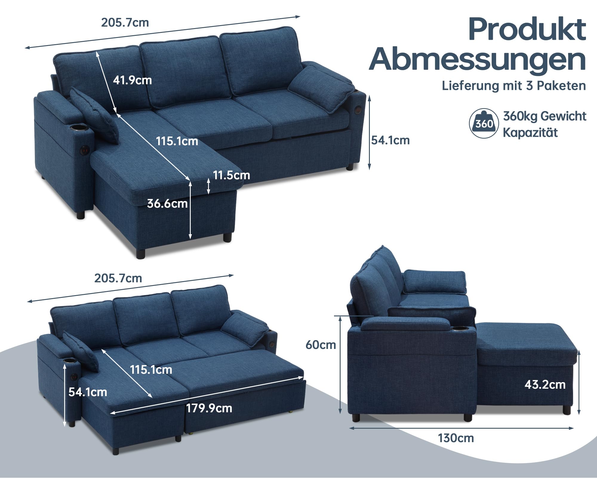 DURASPACE Schlafsofa Ausziehbarer 2 in 1 Sektional Schlafsofa Couches