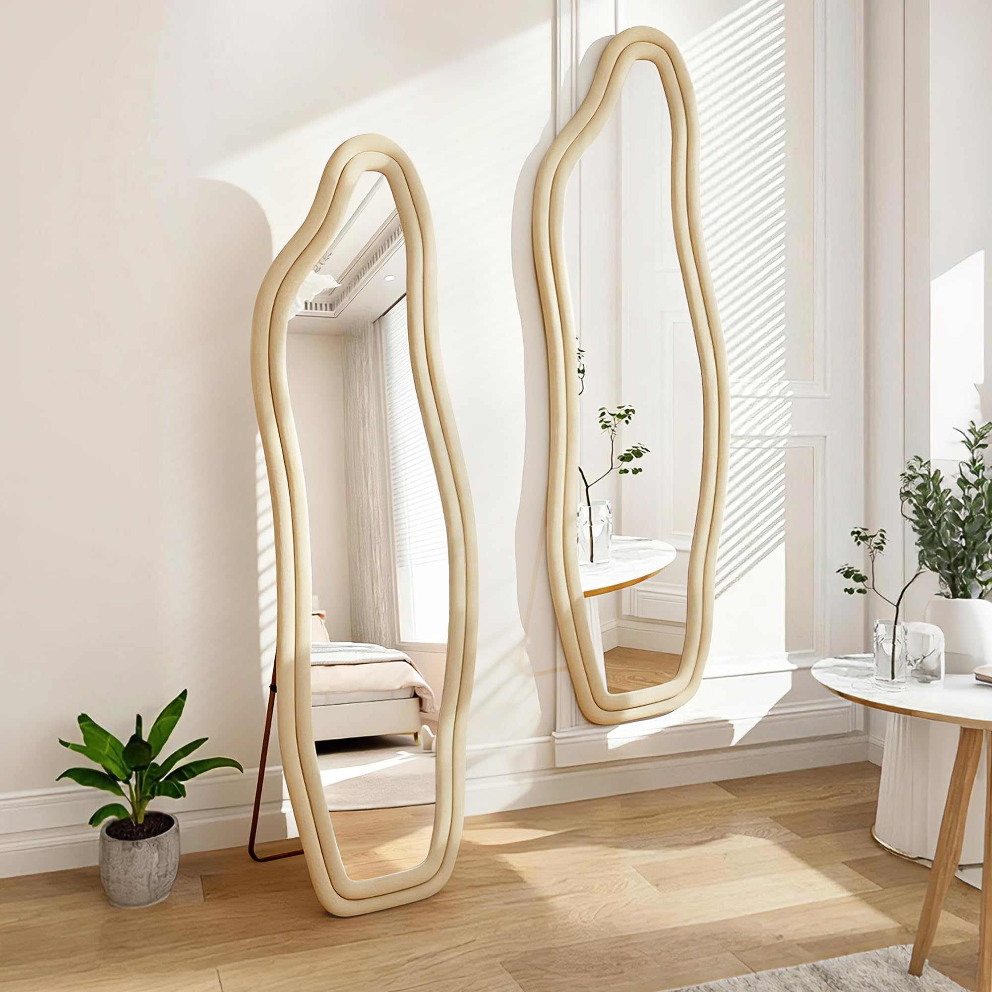 Ganzkörperspiegel, Asymmetrischer Gewölbter Bodenspiegel Groß, standspiegel aus Flanellumwickeltem Holzrahmen, Bodenspiegel, für Schlafzimmer, Wohnzimmer, Garderobe, Gold