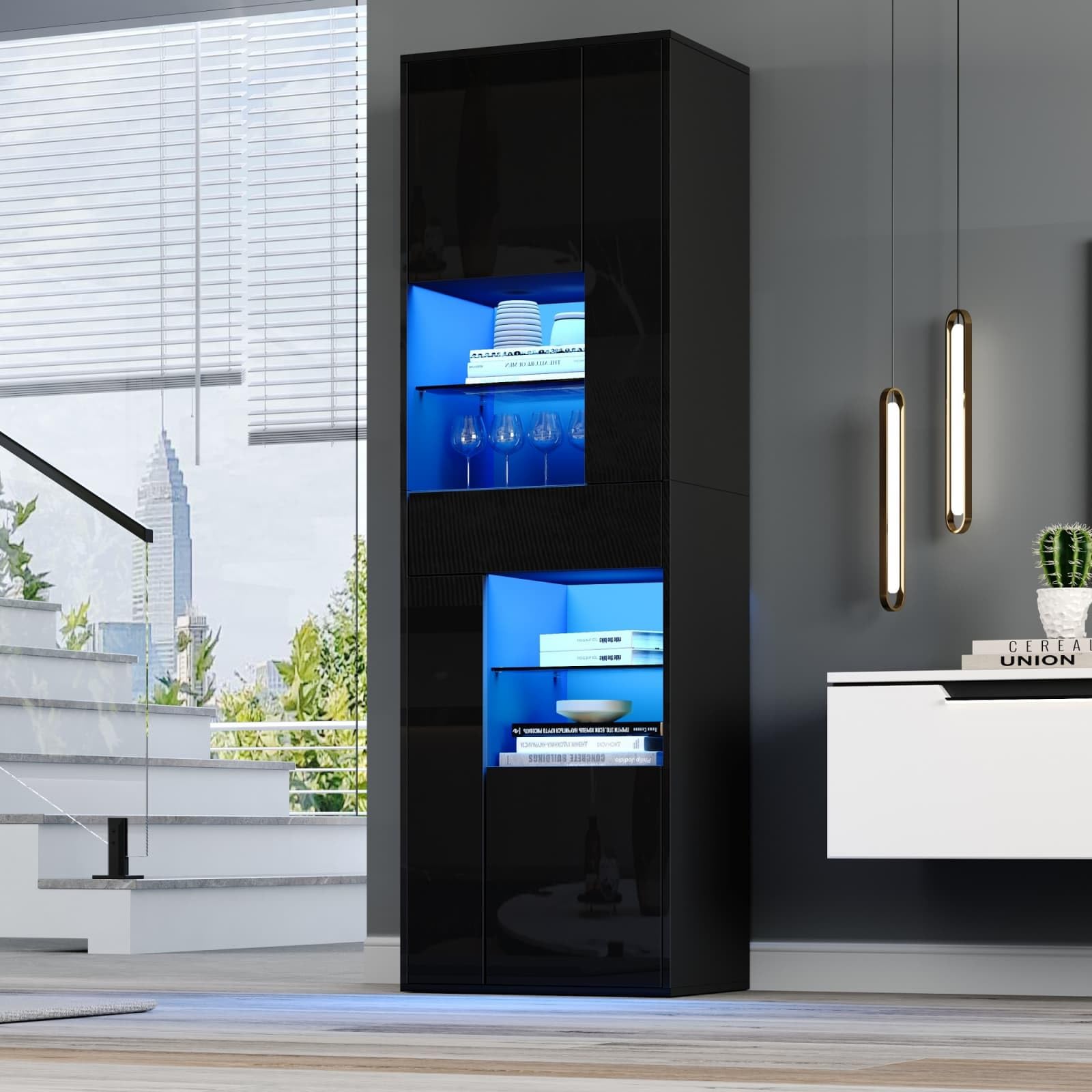KOMHTOM Vitrine avec éclairage LED, Armoire de Rangement avec Portes Vitrées, Armoire Haute pour Salles de Collection, Chambres, Salons et Bureaux (F)