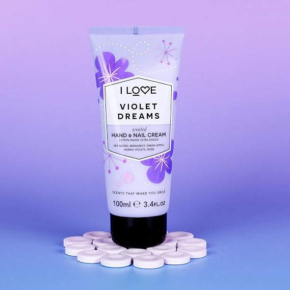 I Love Violet Dreams Scented Hand & Nail Cream 100ml – Nourishing Shea Butter & Coconut Oil – 93% Naturally Derived Ingredients – Hydrating Vegan-Friendly Cream for Soft, Smooth & Healthy Hands 100ml