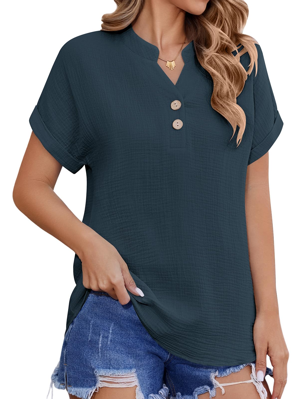 CMTOP Bluse Damen Sommer Musselin Blusen Elegant V-Ausschnitt Hemdbluse Kurzarm Hemd Oberteile Baumwolle Blusenshirt Lässiges Lockere Basic Tunika Shirt