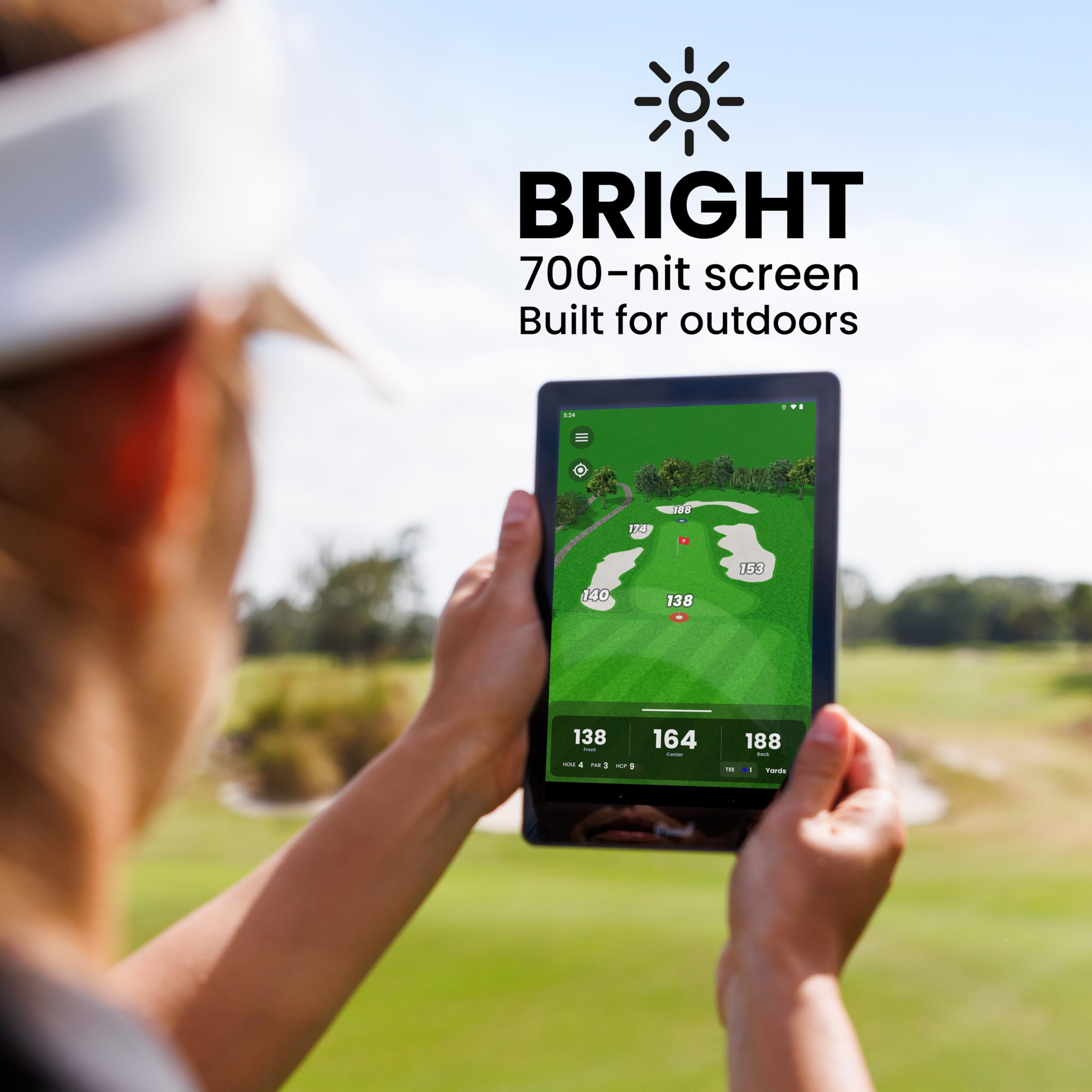 Pinned Golf The Caddie Tragbares Golf-GPS-Gerät, Sonnenlicht-lesbarer 8-Zoll-Bildschirm, 45.000+ Golfplätze, wasserdicht, Touchscreen-Golf-GPS-Handgerät mit fortschrittlicher Analyse, Keine Gebühren