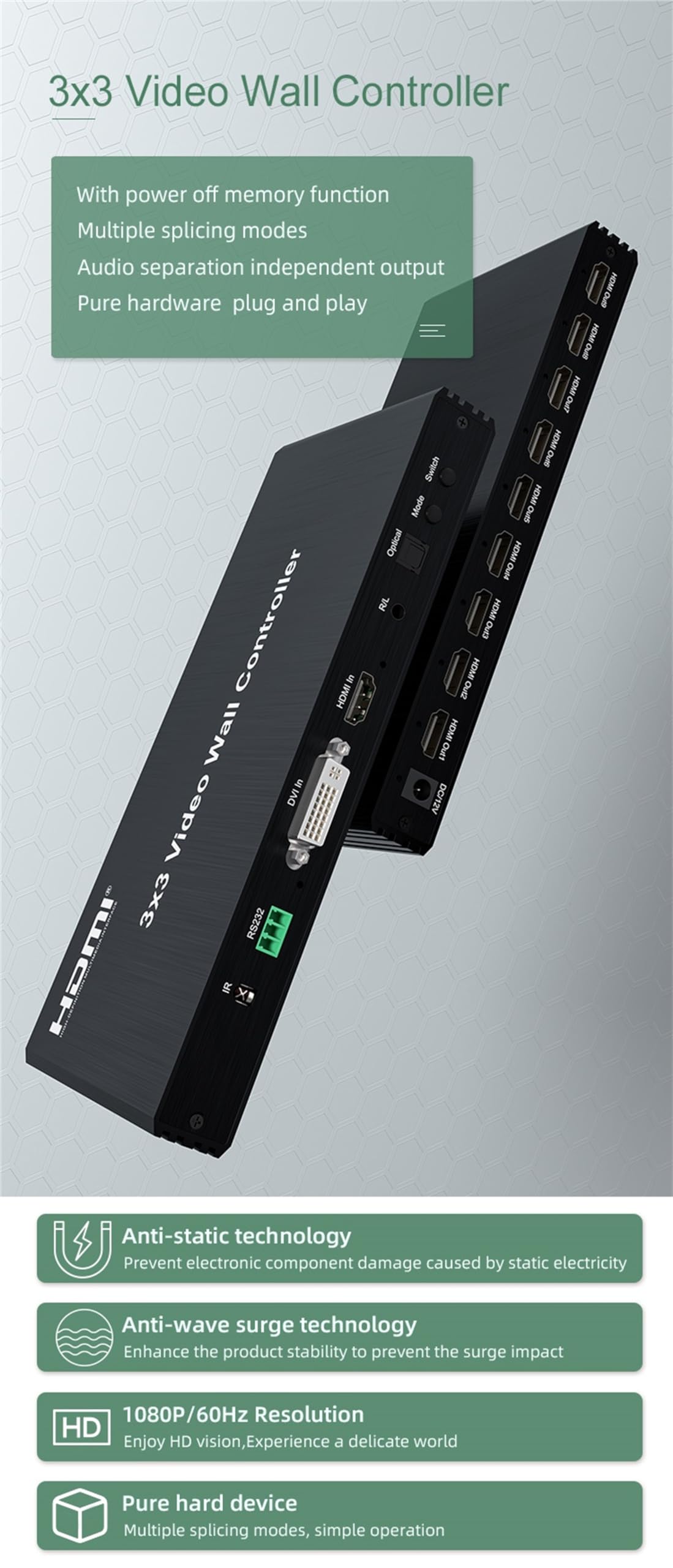 3 x 3 HDMI Video Wall Controller, DVI TV Wall Processor with Audio 1080P 60Hz 2x2 2x3 2x4 1x3 1x4 1x5 TV Wall 9 Screen Wall Video Stitching Processor TV Splicing Box 180 Degree Rotate