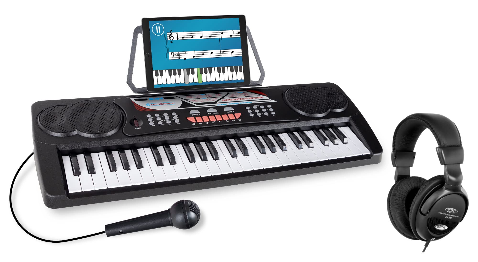McGrey BK-4910BK Set Keyboard per principianti - 49 tasti, 16 suoni, 10 ritmi, 8 suoni percussivi e 6 demo - incl. microfono, leggio e cuffie - nero