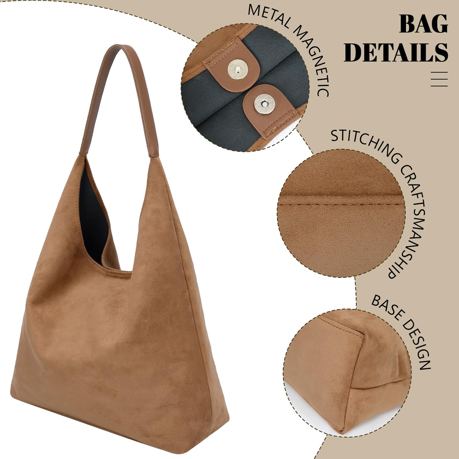 Suede Hobo Tote Bag for Women Stylish Slouchy Shoulder Bag Soft Leather Handbag Suede Purses for Work Everyday - Image 5