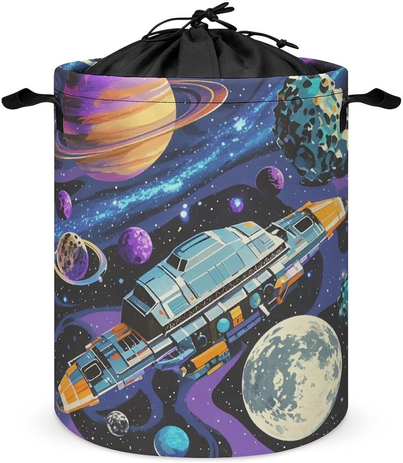 Colorful Retro Space Theme Laundry Bag Large Collapsible Laundry Baskets Freestanding Waterproof Clothes Hamper with Handles & Drawstring for Laundry Room Bedroom Bathroom