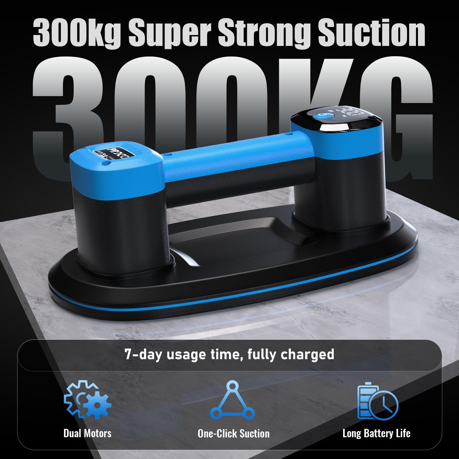 Ventosa a Batteria per Piastrelle, Vetro e Marmo – 2 Motori, 300KG di Aspirazione, Display LCD, Batteria 4500mAh, Autonomia 12h, 26cm, anche per Superfici Leggermente Strutturate