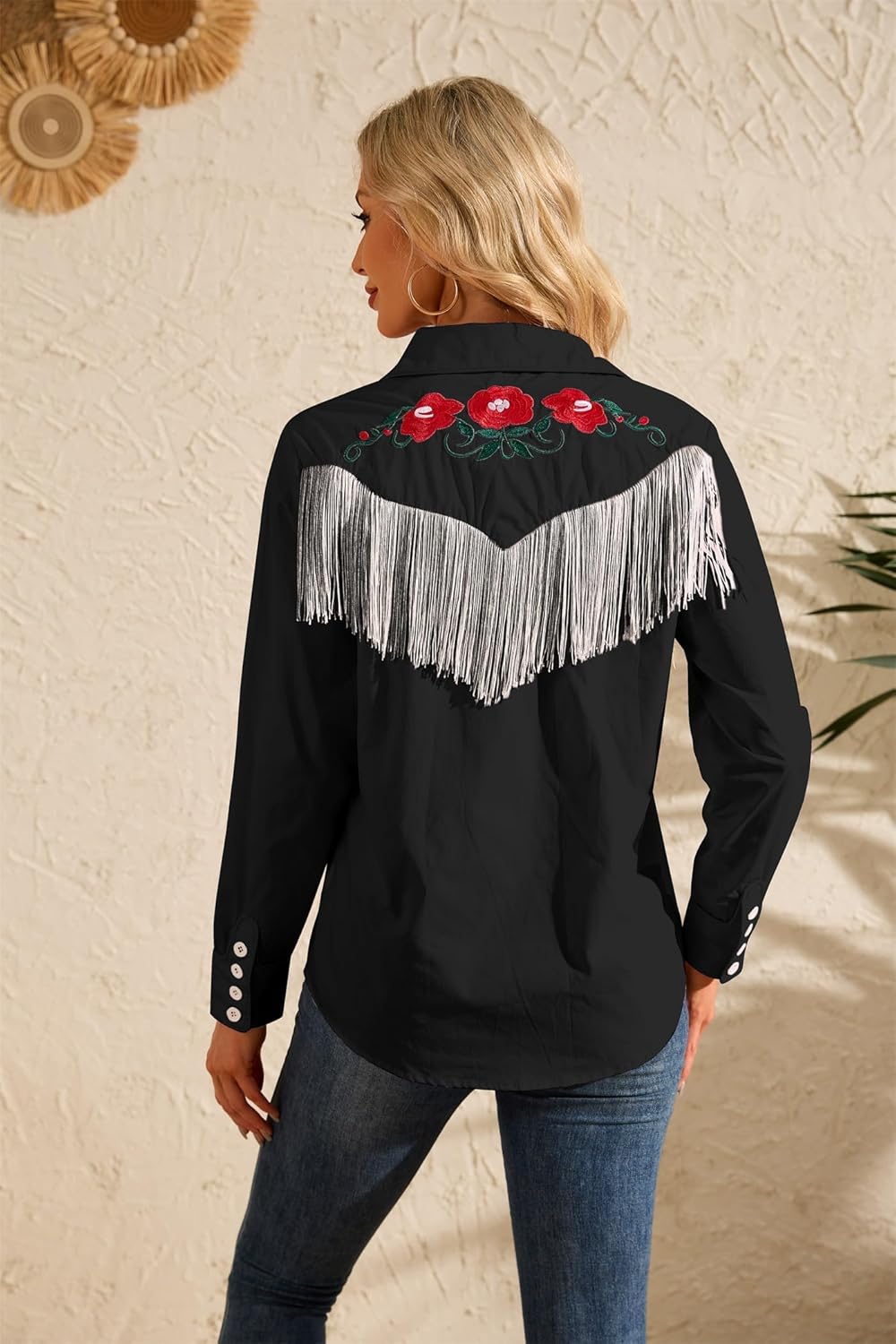 CORSKI Women's Western Cowgirl Fringe Shirt Long Sleeve Floral Embroidered Snap Collared Boho Rodeo Casual Blouses Shirts - Image 5