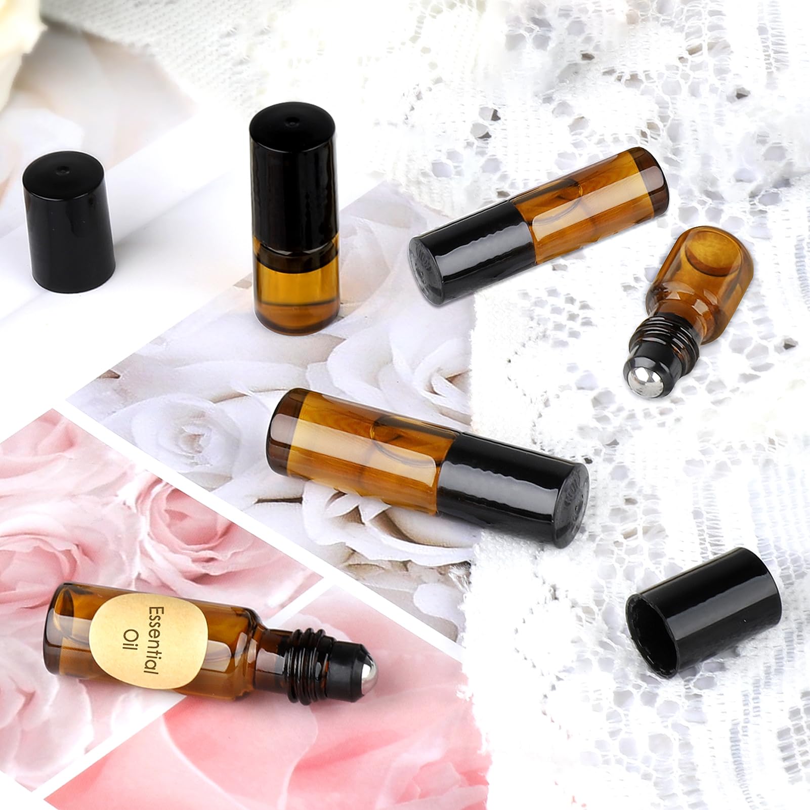 MELLIEX 15 sztuk próżniowe rolki na olejki eteryczne, 5/2 ml brązowy rolka na puste butelki puste butelki ze stali nierdzewnej pojemnik na perfumy aromaterapia masaż
