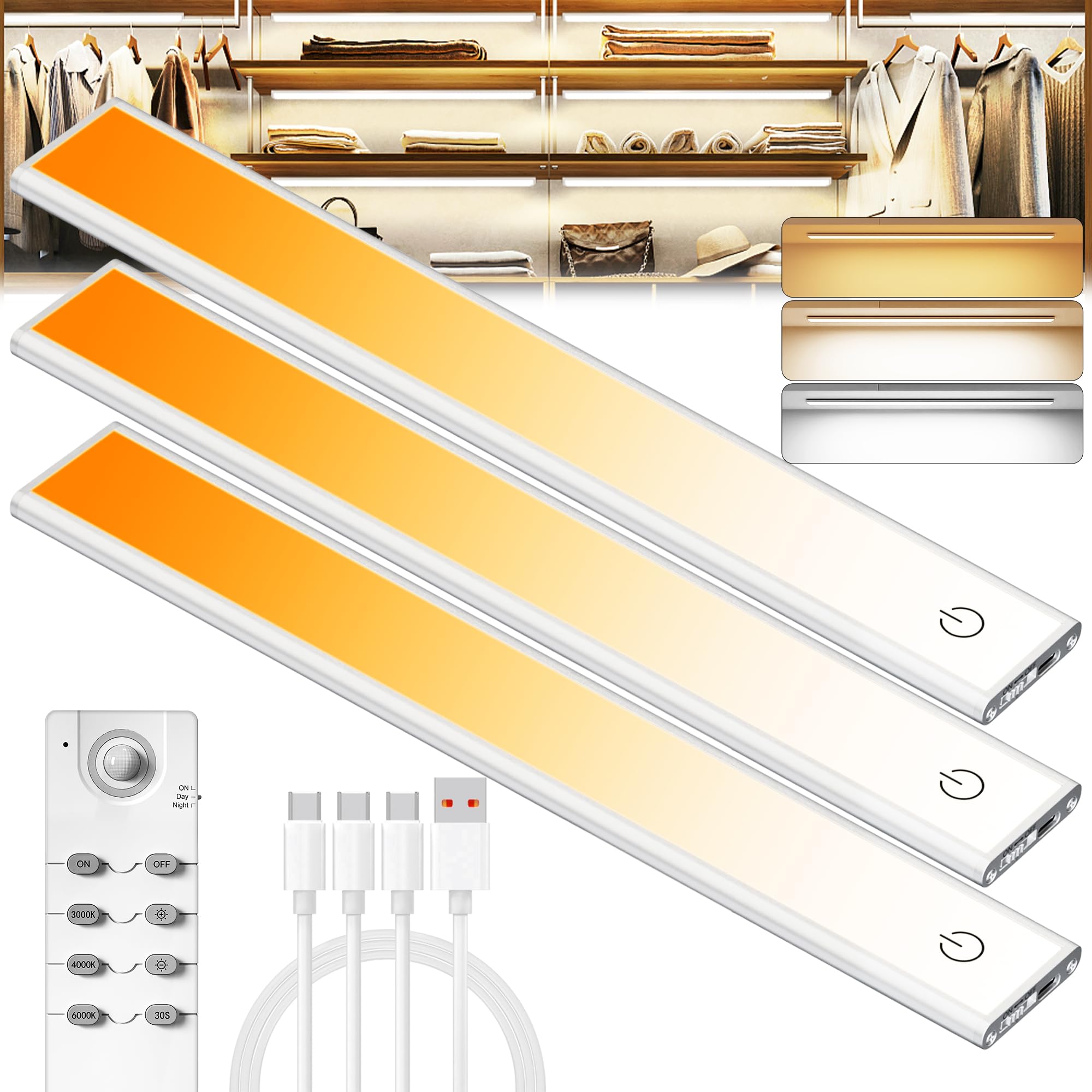 66 LED Under Cabinet Lights Wireless with Full Lighting,Rechargeable Closet Lights with Remote and Motion Sensor Indoor,Under Counter Light with CCT and Dimmable for Kitchen,Stair(3 Pack,7.87inch)