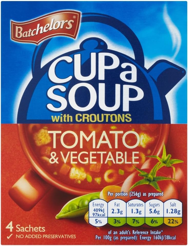 Original Batchelors Cup a Soup Tomato Vegetables with Croutons Imported From The UK England Creamy Tomato Vegetable Soup Chunky Vegetable Rich Tomato Taste Topped Off With Crunchy Croutons