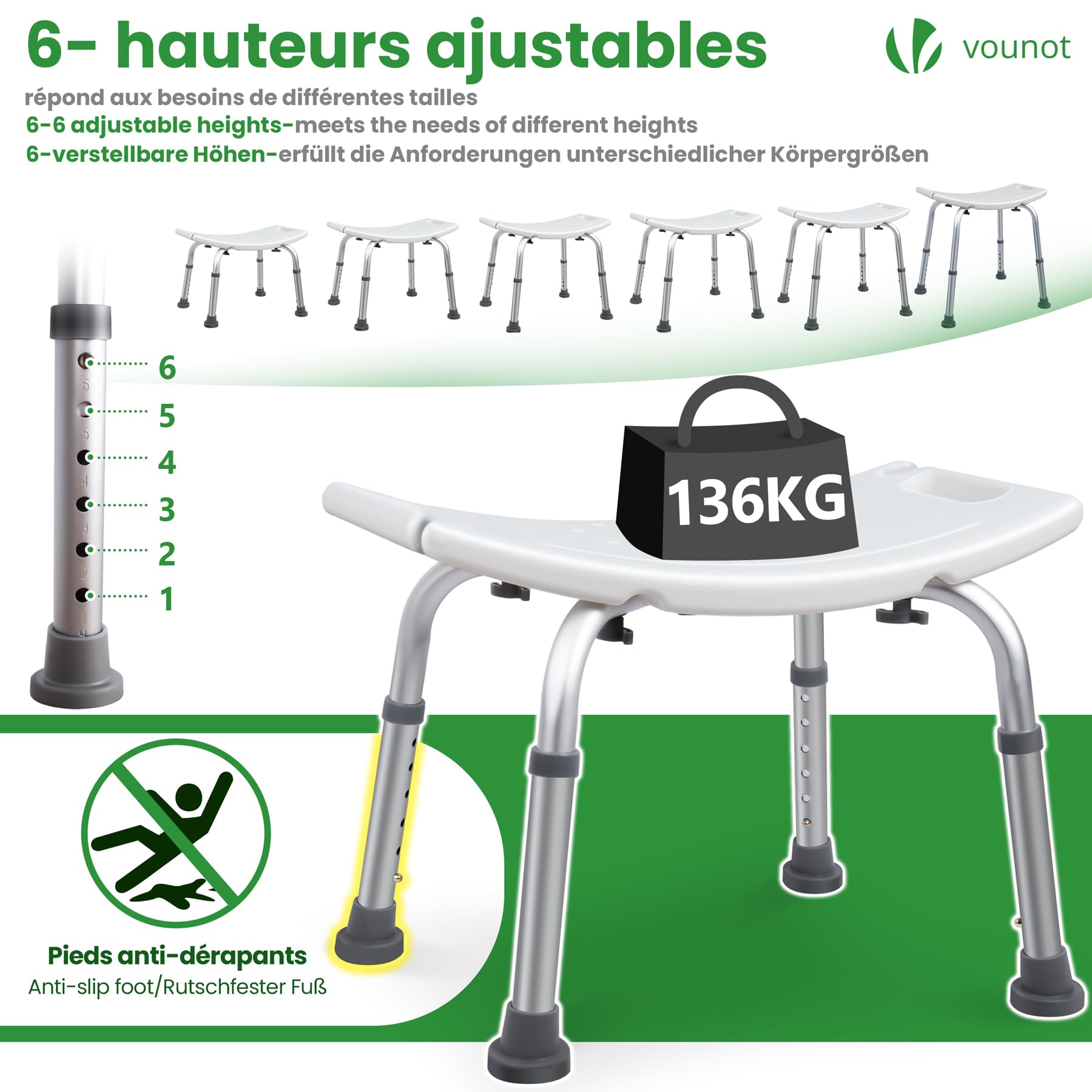 VOUNOT® Taburete de Ducha Altura Regulable 38-52 cm, Asiento de Baño con Patas Antideslizantes, Ayuda para Personas Mayores y Discapacitados, Carga máx. 136 kg, Blanco