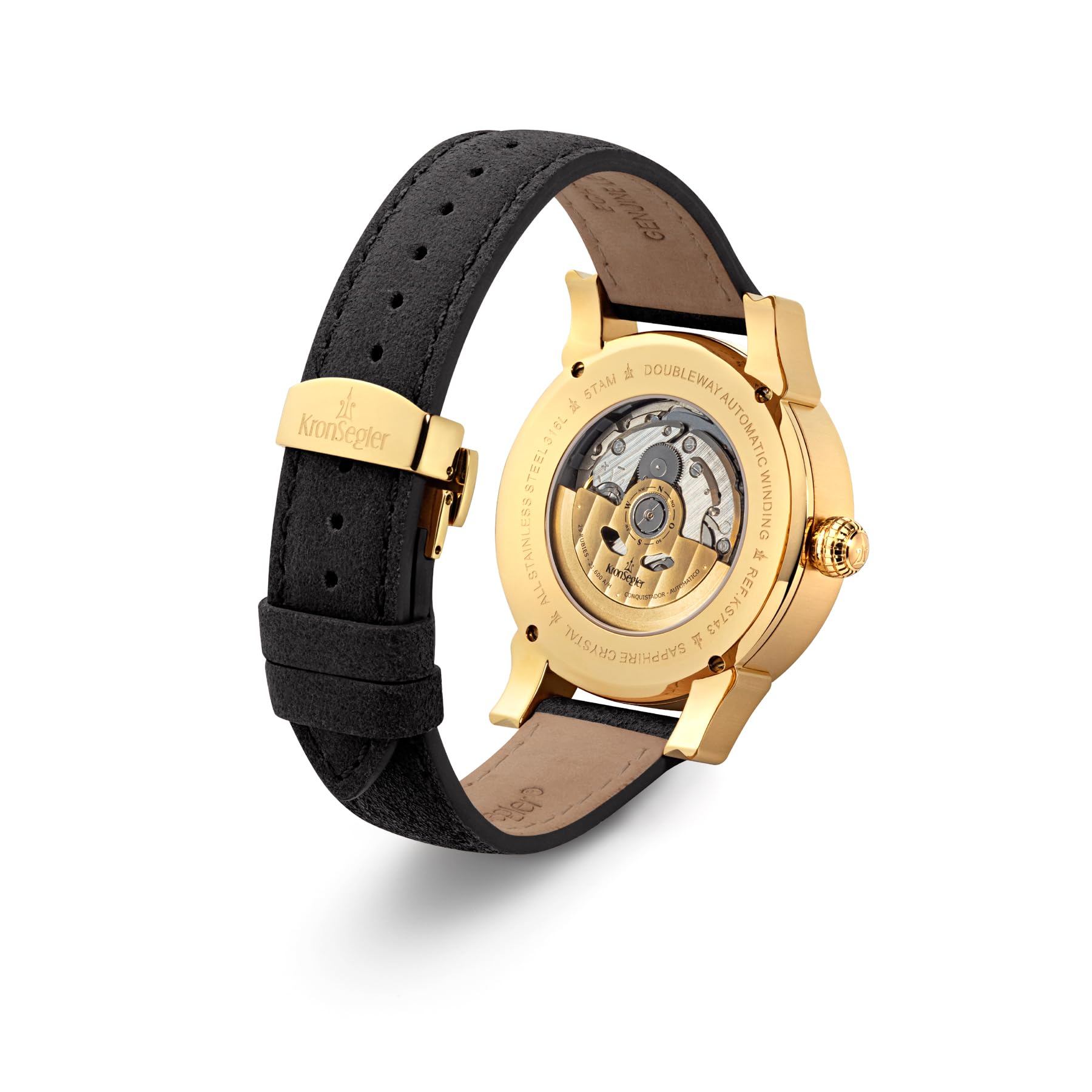 Kronsegler Conquistador Gold - weiß | Automatik Herrenuhr mit Gangreserveanzeige | Saphirglas, Zeigerdatum, Lederband, Faltschließe