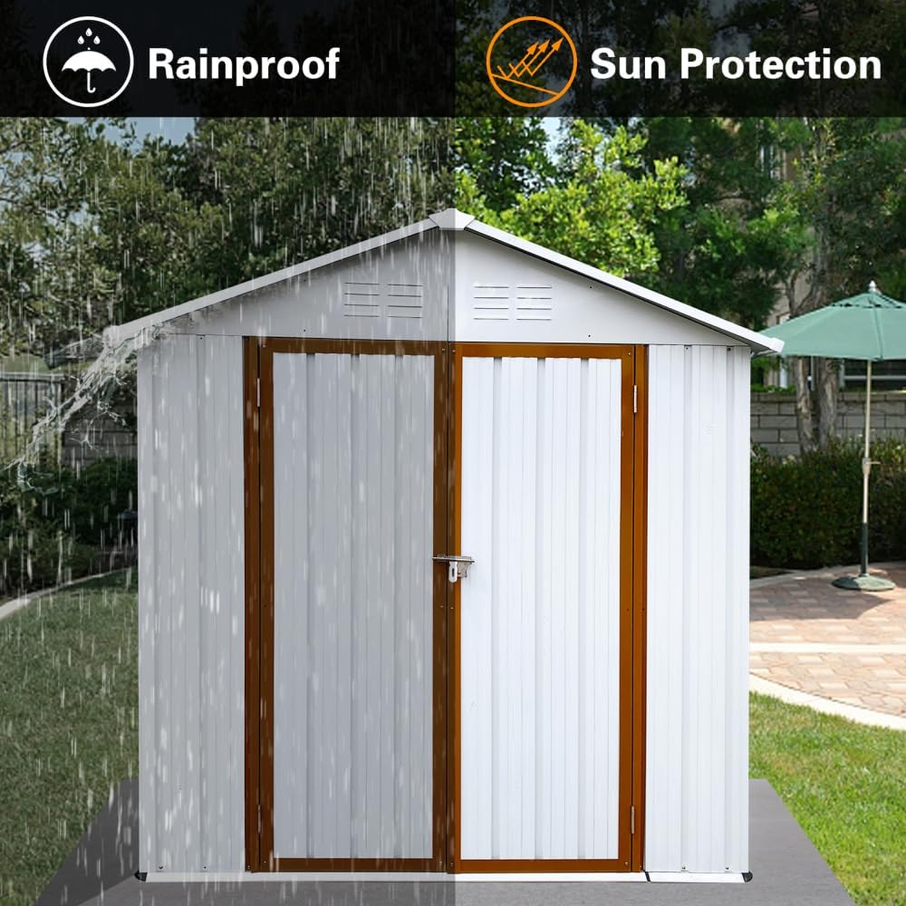 Outdoor Storage Shed 6x4 Ft with Apex Roof, Metal Garden Shed in White and Yellow for Weather-Resistant Shelter