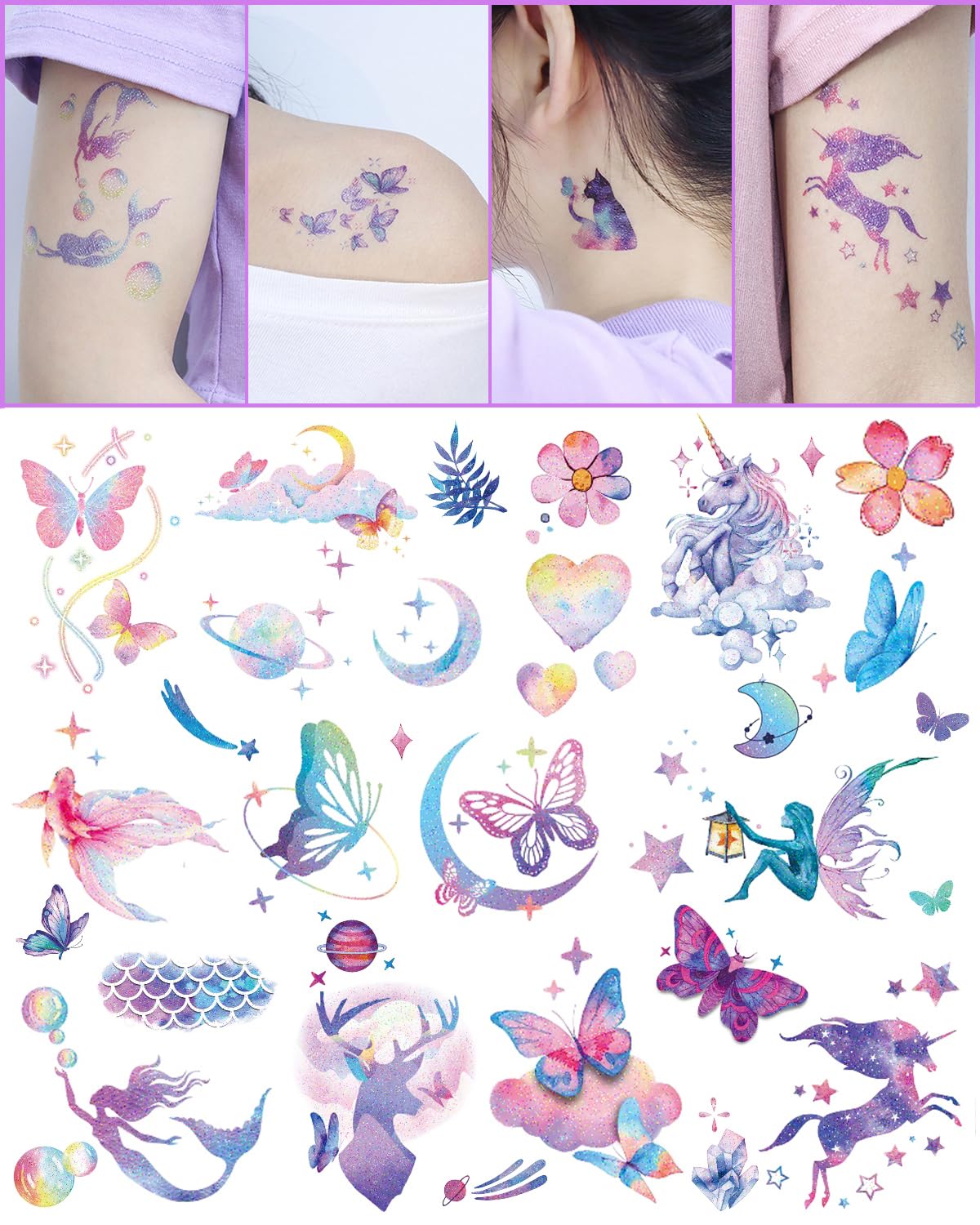 Onogola Glitter Temporary Tattoos for Women Girls, 12 Sheets Colorful Butterfly Wings Mermaid Unicorn Fake Tattoo Stickers Waterproof for Face Body