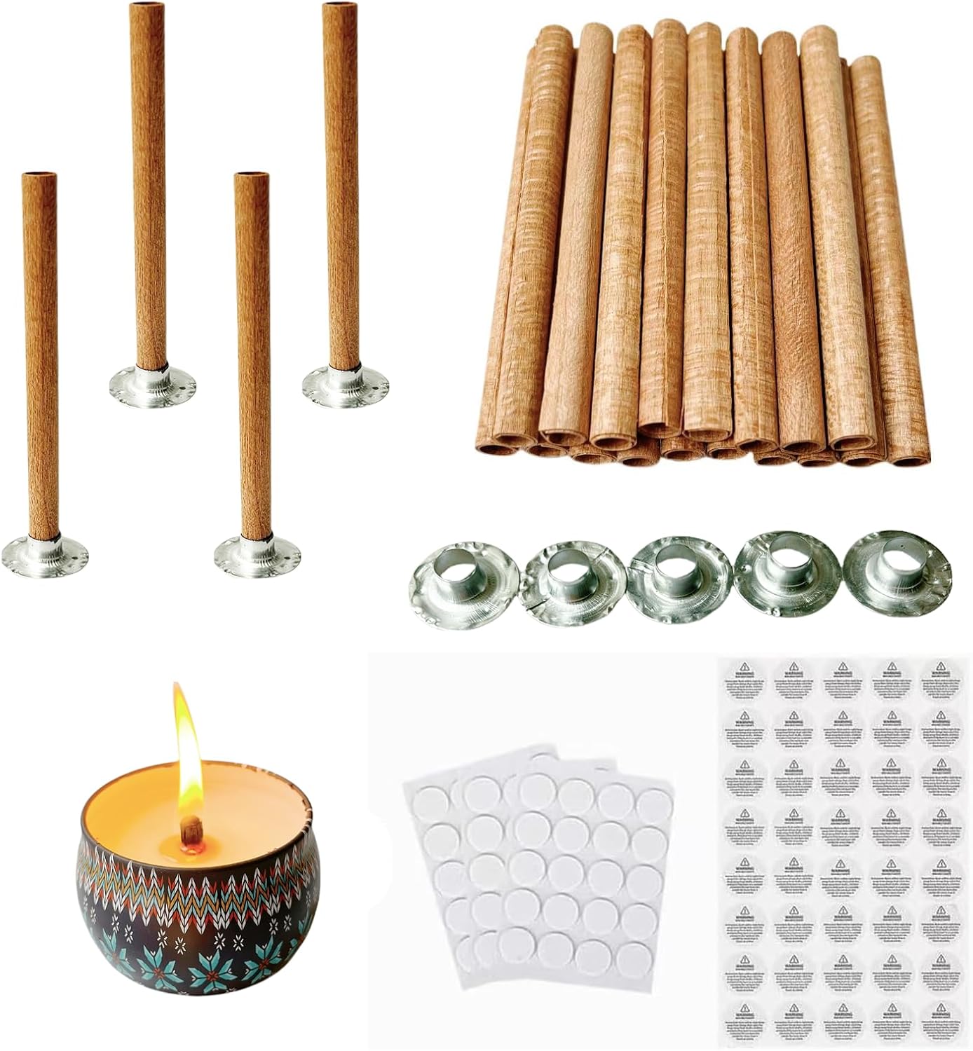 50 Sets 80 * 8mm Wood Spiral Candle Wicks Round Wood Wick Tube with Iron Stands for Candle Making, Natural Round Wooden Wick Core Handmade Candles Supplies