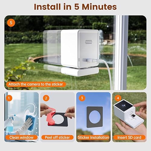 Miniatura 2 de Cámara de ventana, cámaras interiores de 3MP 2K para seguridad del hogar con adhesivo de montaje, visión nocturna a color AI, detección de personas