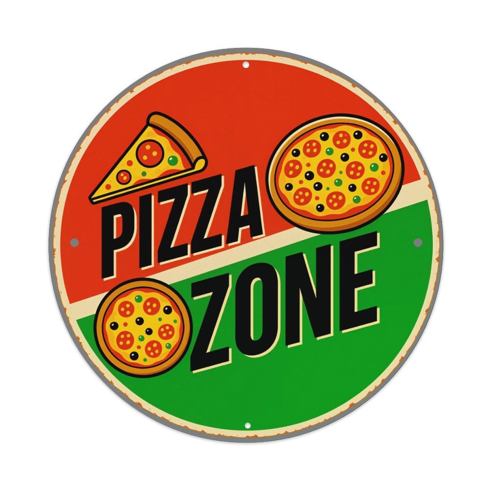 Pizza Slice Whole Pizza Zone Round Tin Sign Vintage Metal Poster Retro Bar, Home, Man Cave, Kitchen, Laundry Room Wall Art Decor Gift 8x8Inch
