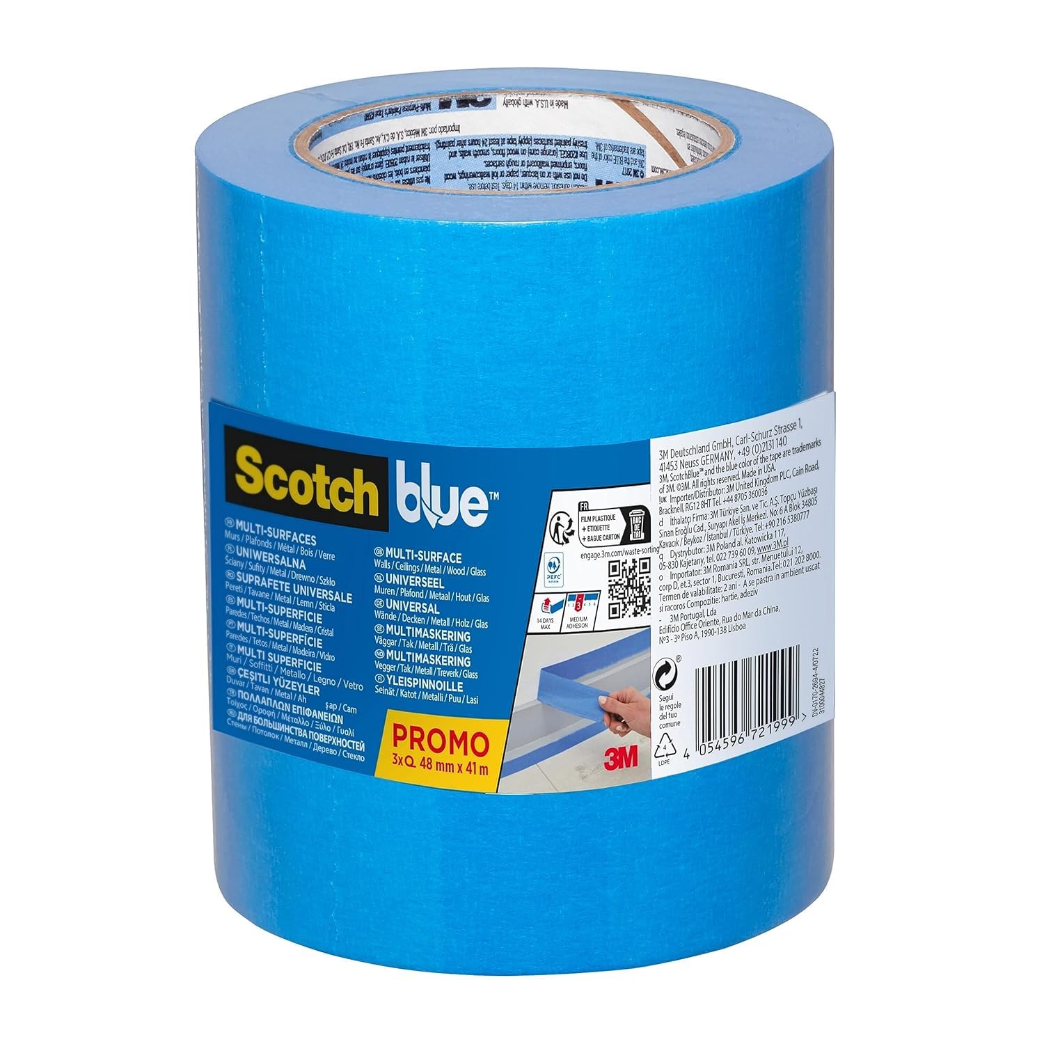 ScotchBlue Cinta de Enmascarar Multisuperficie, 3 Rollos (48 mm x 41 m) Cinta de Pintor Azul Scotch para Pintar y Decorar, Interior y Exterior, 100% PEFC
