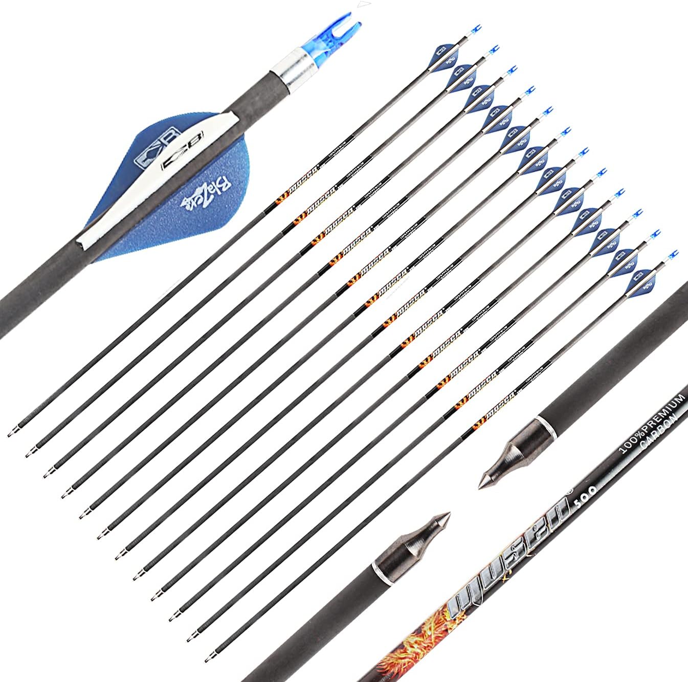 Musen Pure Carbon Arrows 30 inch Hunting Arrows for Recurve Bow,100% Carbon Archery Target Arrows with Removable Tips for Youth Hunters & Bowhunters (Pack of 12)