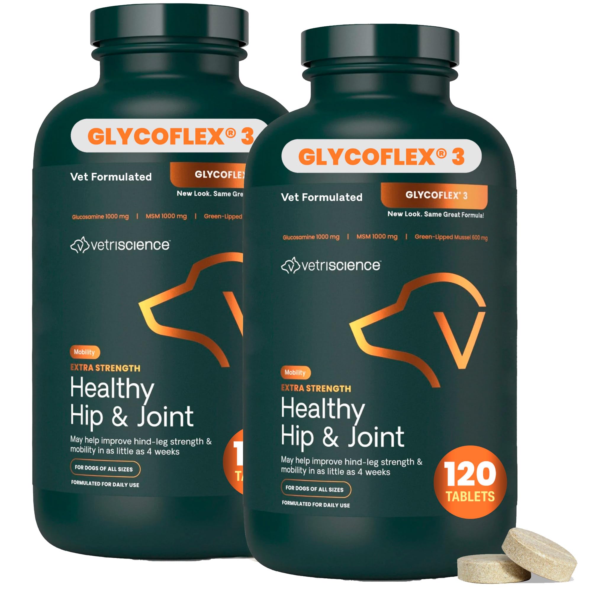 VETRISCIENCEGlycoflex 3 Clinically Proven Hip and Joint Supplement for Dogs - Maximum Strength Dog Supplement with Glucosamine, MSM, Green Lipped Mussel & DMG - 2 Pack (120 Chewable Tablets Each)