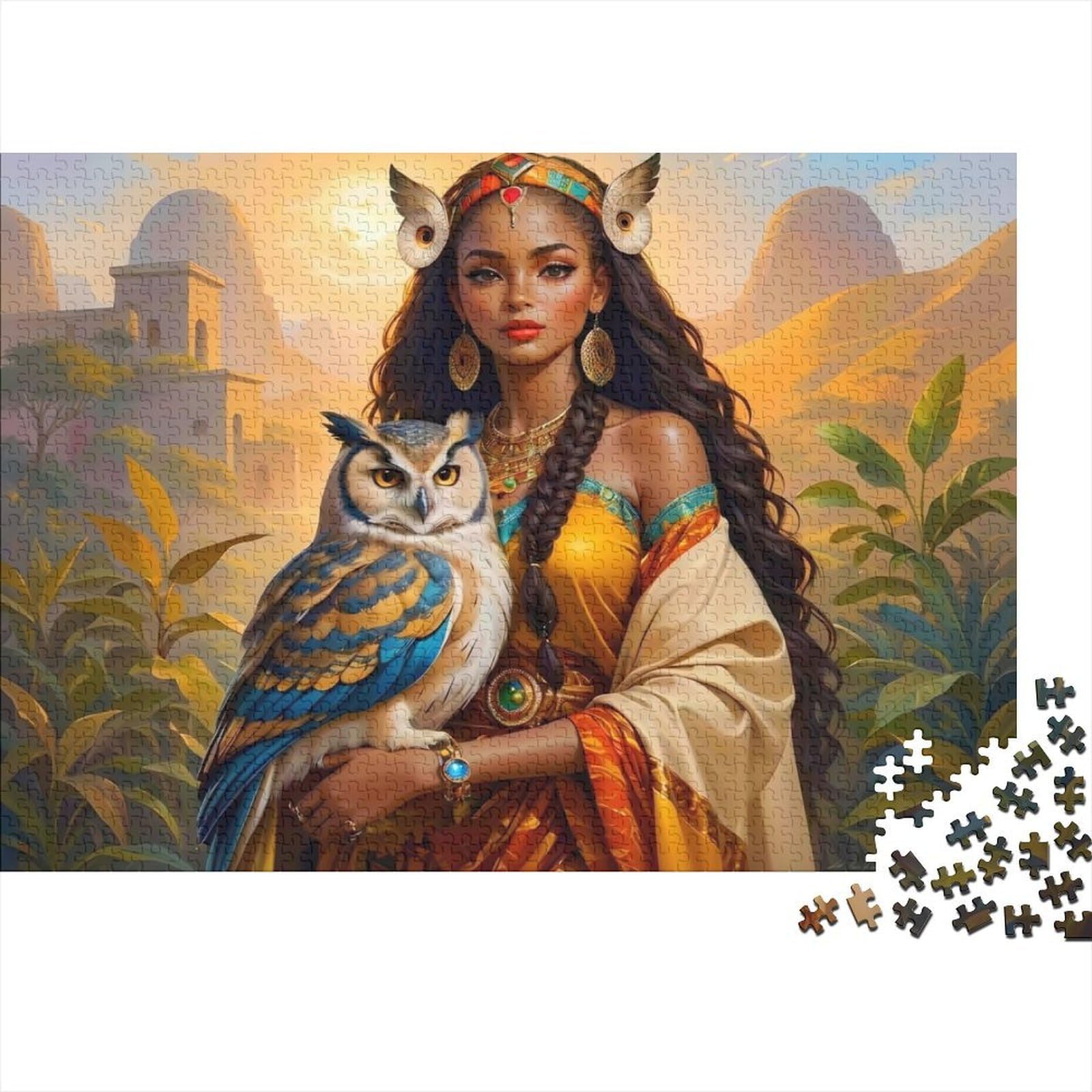 Ancient Goddess Owl Jigsaw Puzzles Puzzle for Adults Kids. 1000 Piece Whimsical Challenge Toy Educational Games Home Decoration for Adults& Kids Age 14 Years Up 38x26cm/1000pcs