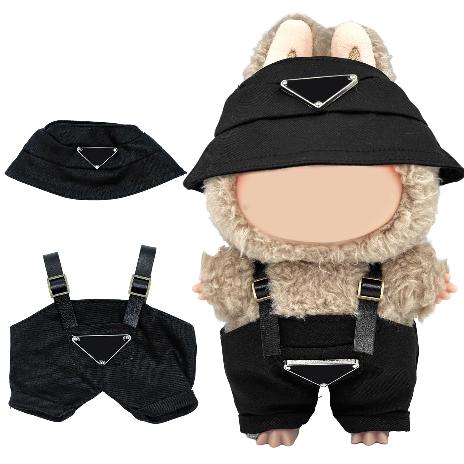 Clothes for 6.7in Plush Doll(NO Doll), Hat & Overalls Set with Triangular Badge, Handcrafted 2-Piece Clothes Set, Fashion Cute Outfit for Dolls Accessories(Black)