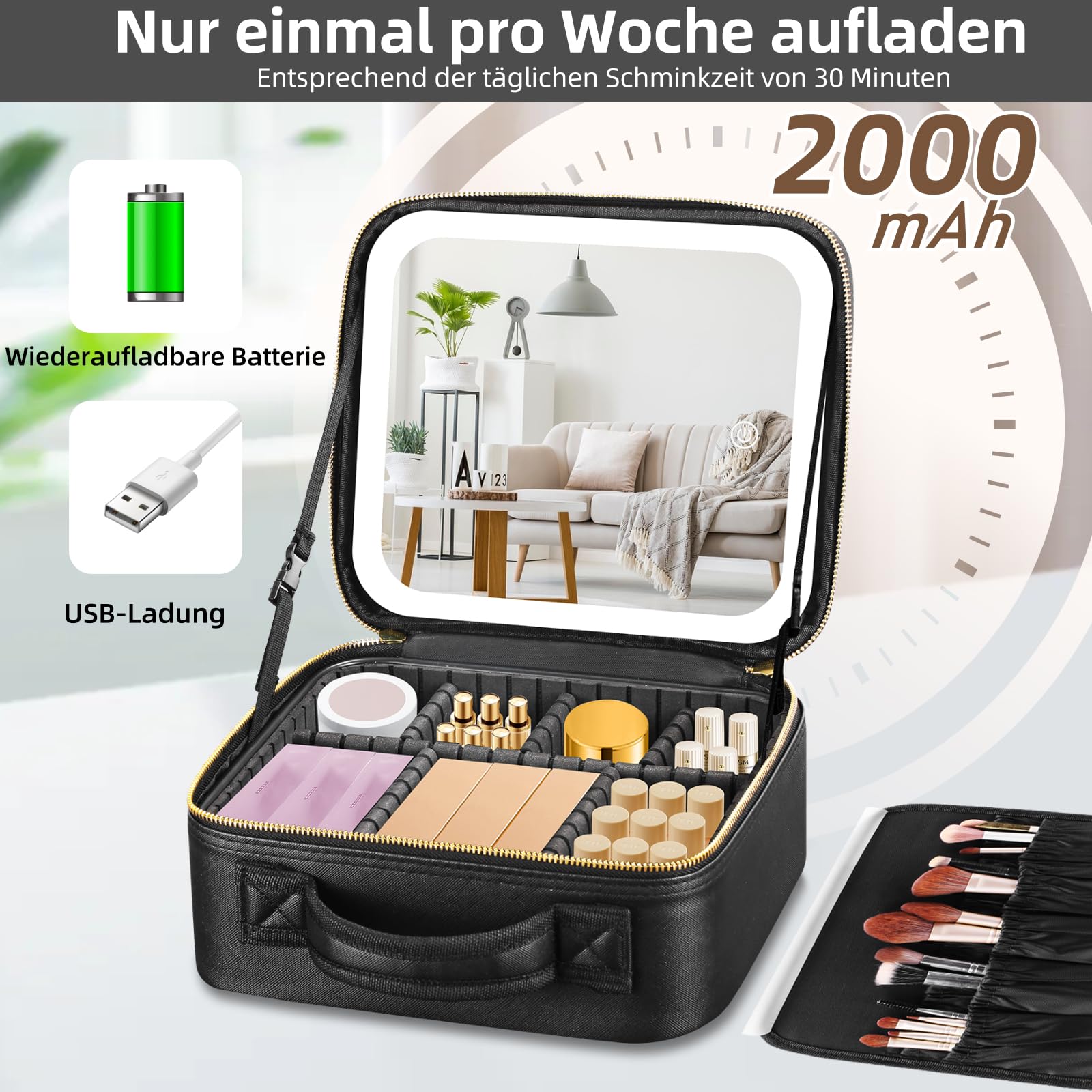 Reisekosmetiktasche mit beleuchtetem Spiegel, 3 Farbmodi dimmbaren Lichtspiegel, wasserdichte PU Leder Make up Organizer Tasche