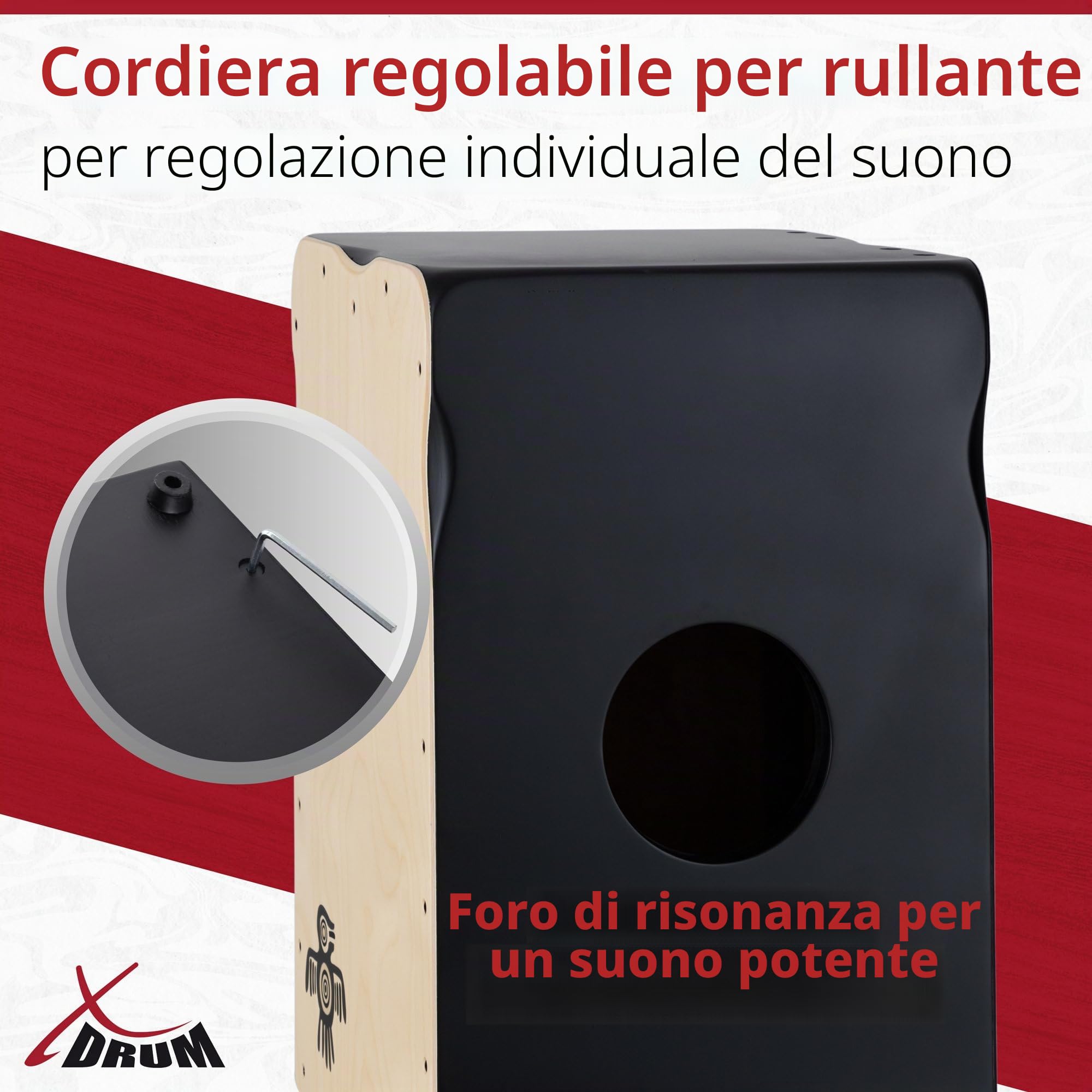 XDrum Pro Cajon Peruana Ash, Pelle da 3 mm in frassino, 5 cm, Peso: ca. 5 | Pelle da 3 mm in betulla, Cassa in betulla da 9 mm (7 strati), Pelli completamente avvitate, Clap corners regolabili, 5 cm