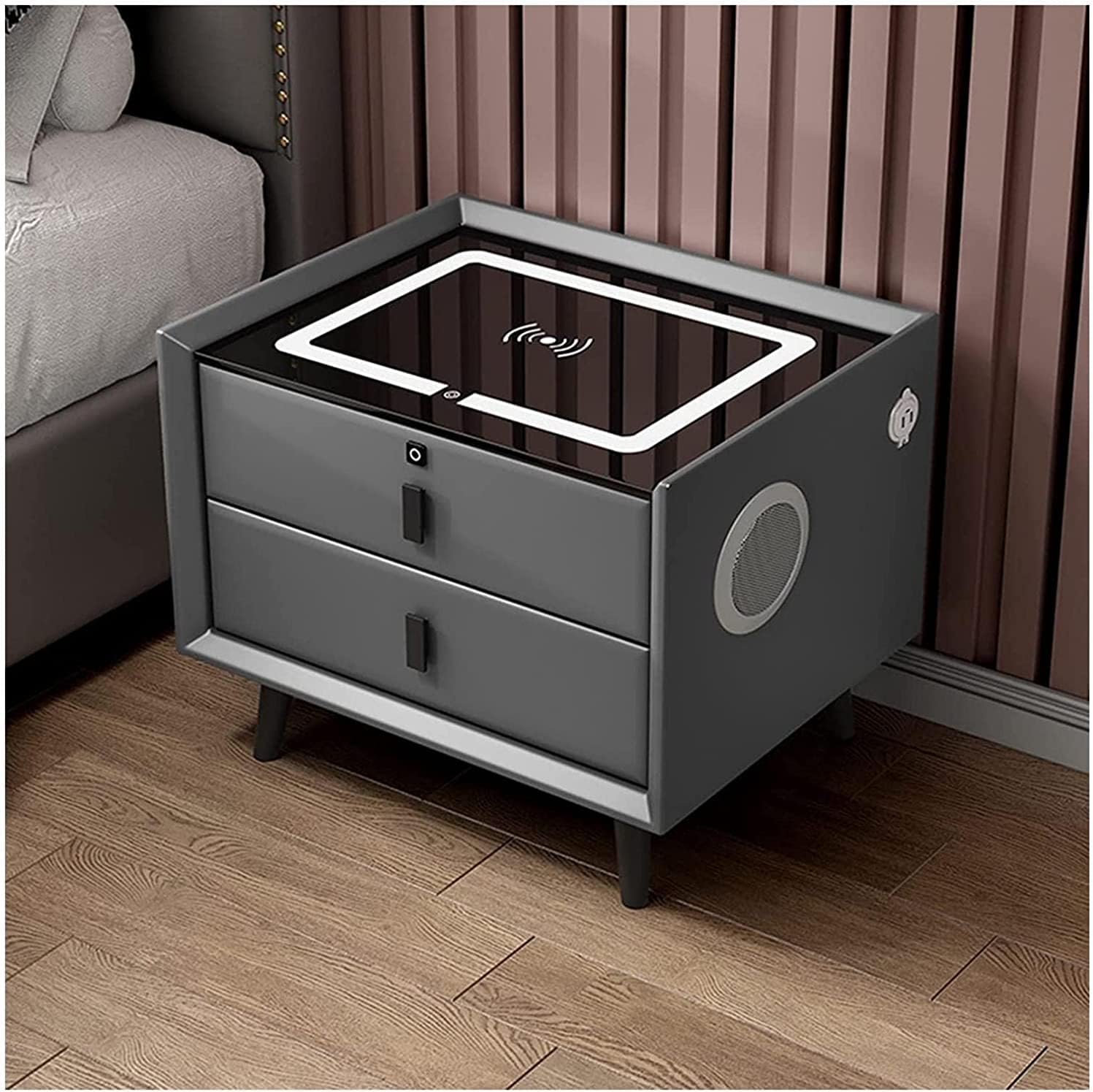 Smart Nightstand With Wireless Charging Station 2 Drawers Bedside Table
