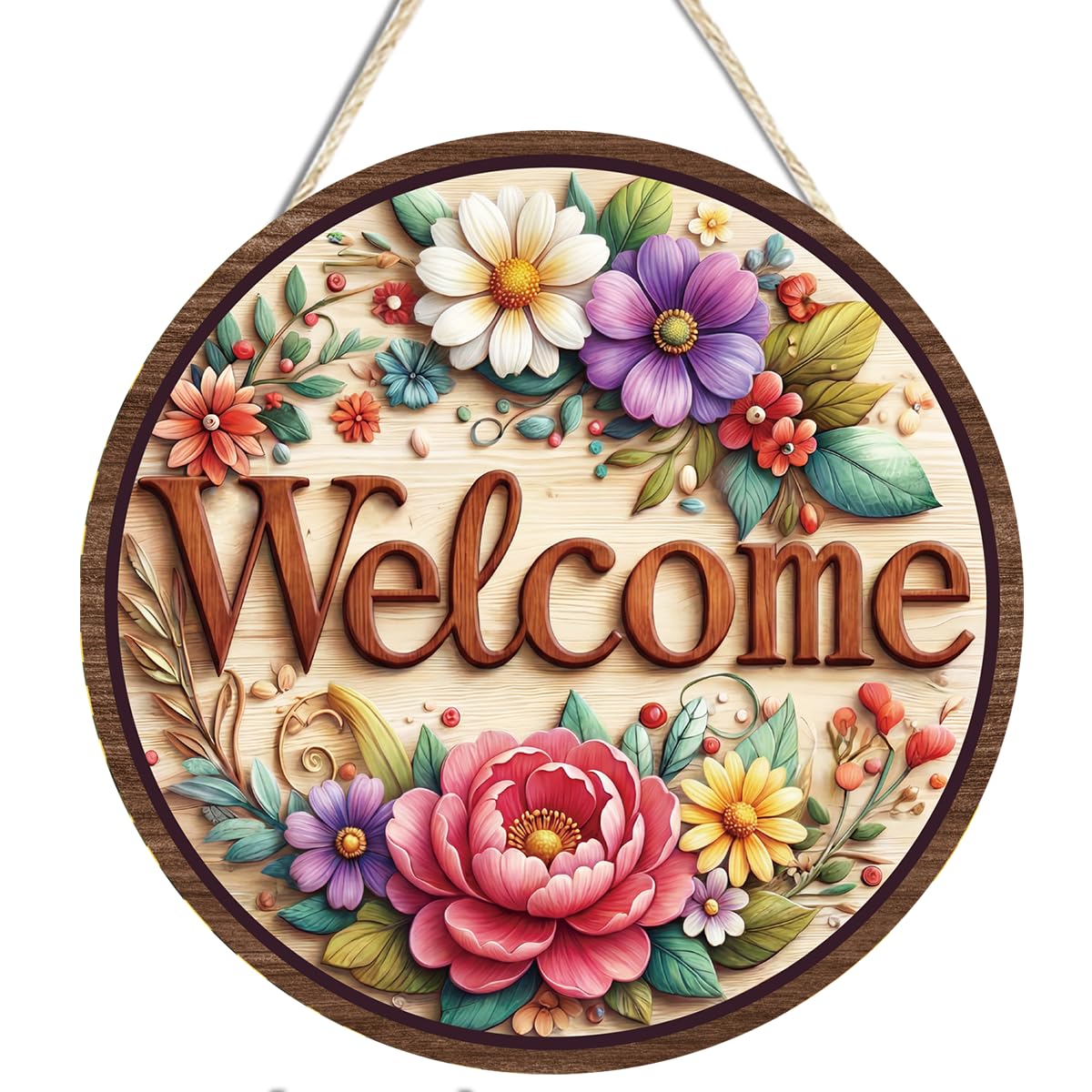 Flowers Metal Welcome Hanging Sign for Front Door Wall Decor | Vibrant Clolorful Floral Design/For Home Porch Farmhouse/Ready To Hang/12 × 12 inches