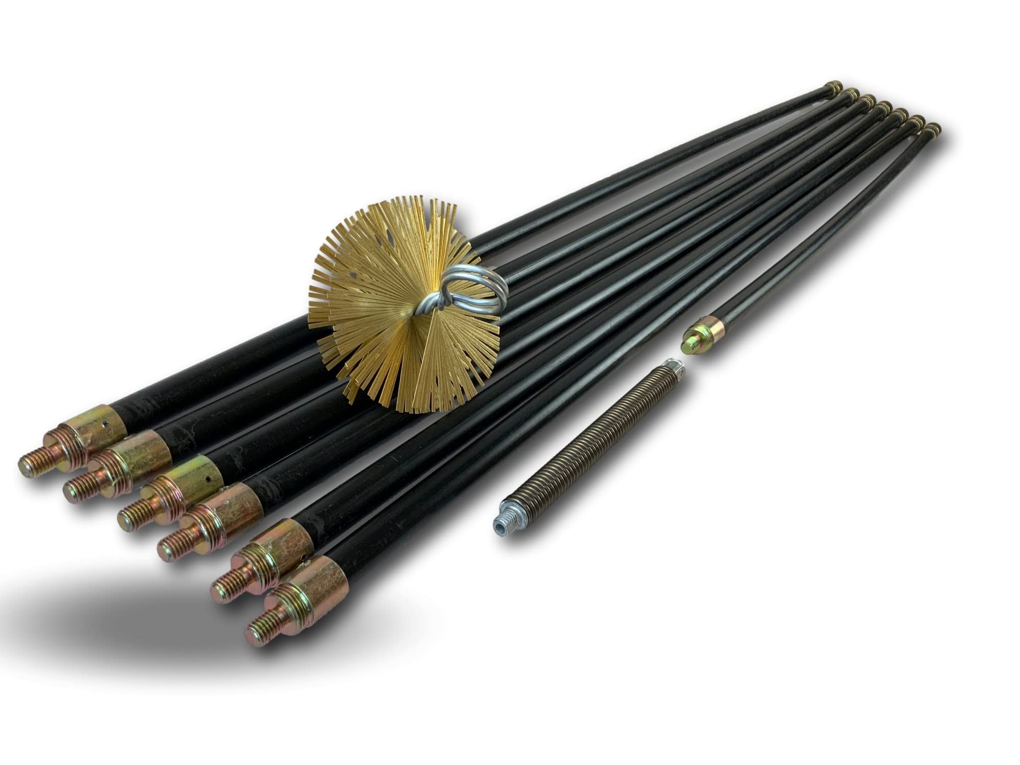 Kibros Kit spazzacamino iper pro non intubata scovolo in acciaio Ø 125 mm | Scovolo acciaio piatto rinforzato, 7 aste piene Ø 20 mm (6×2 m + 1×1 m), 13,25 m, canne fumarie non intubate.