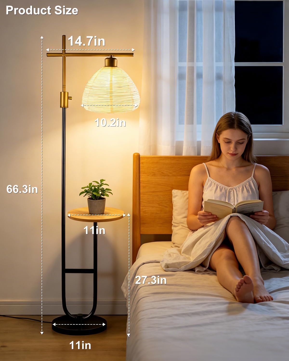 Lightdot 66IN Gold&Black Dimmable Floor Lamps with Storage Table, Modern Standing Tall Lamp with Milky White Globe Lampshade, Cross-Shaped Lamp Head and U-Pole Base Style for Living Room/Bedroom