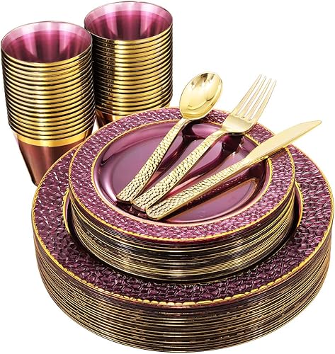 Miniatura 2 de Nervure 150 platos de plástico morado transparente, 100 servilletas de papel blanco y dorado incluyen: 25 platos de cena, 25 platos de postre, 25
