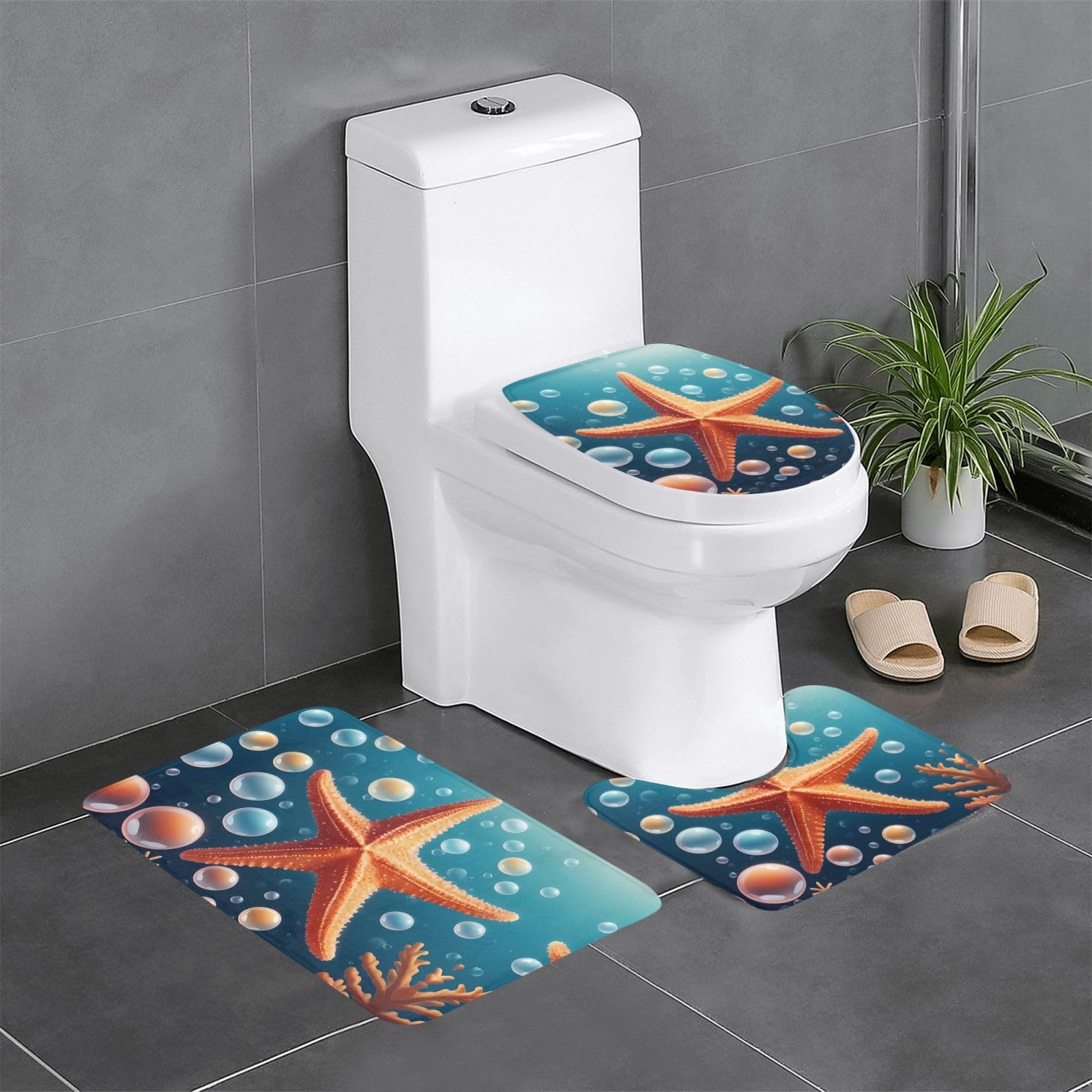 Tapis de salle de bain antidérapants motif étoiles de mer | Kit sécurité anti-chute WC