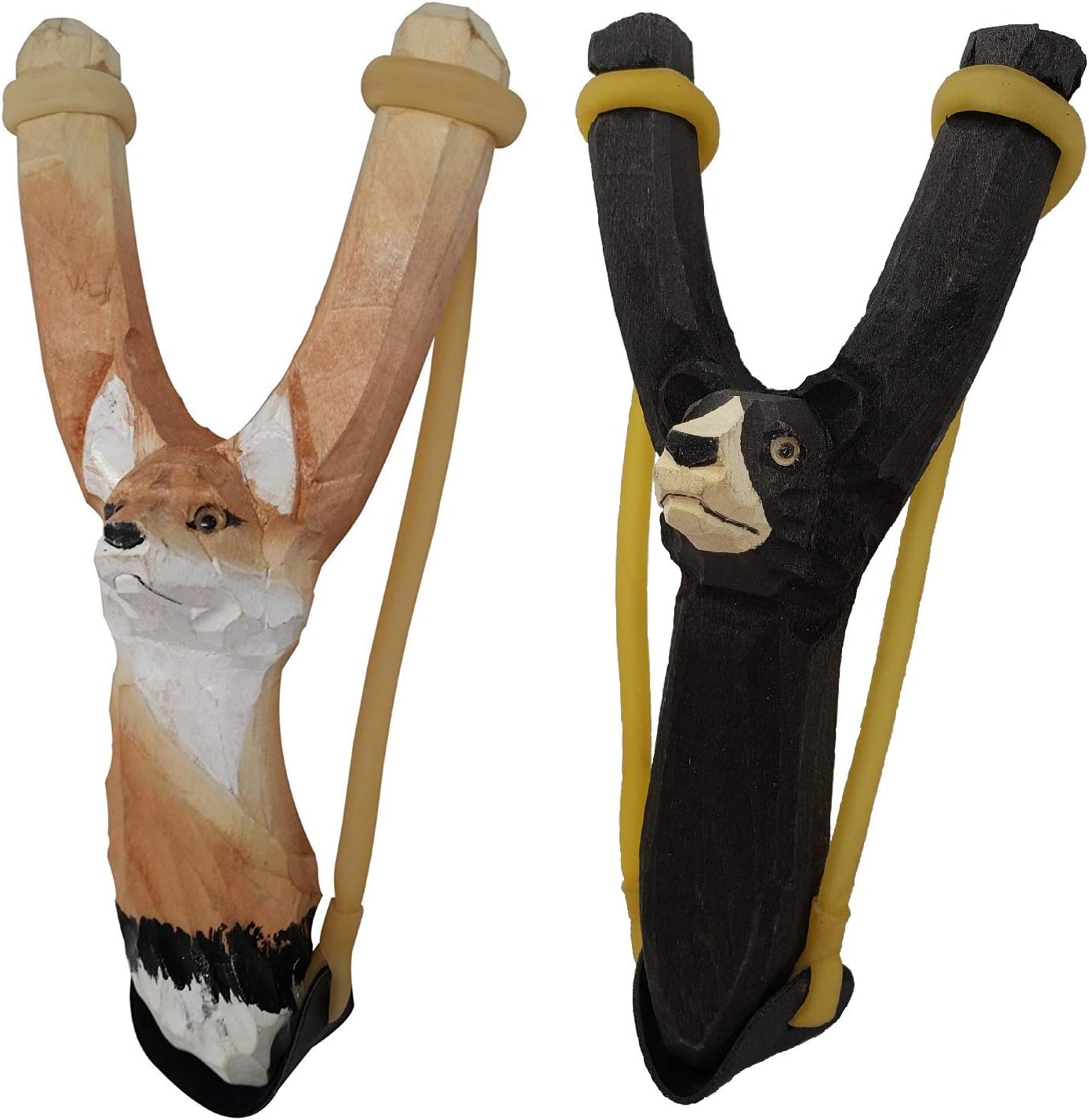 Hand-Carved Wooden Animal Slingshot Set | 2 Pack (Bear & Fox)