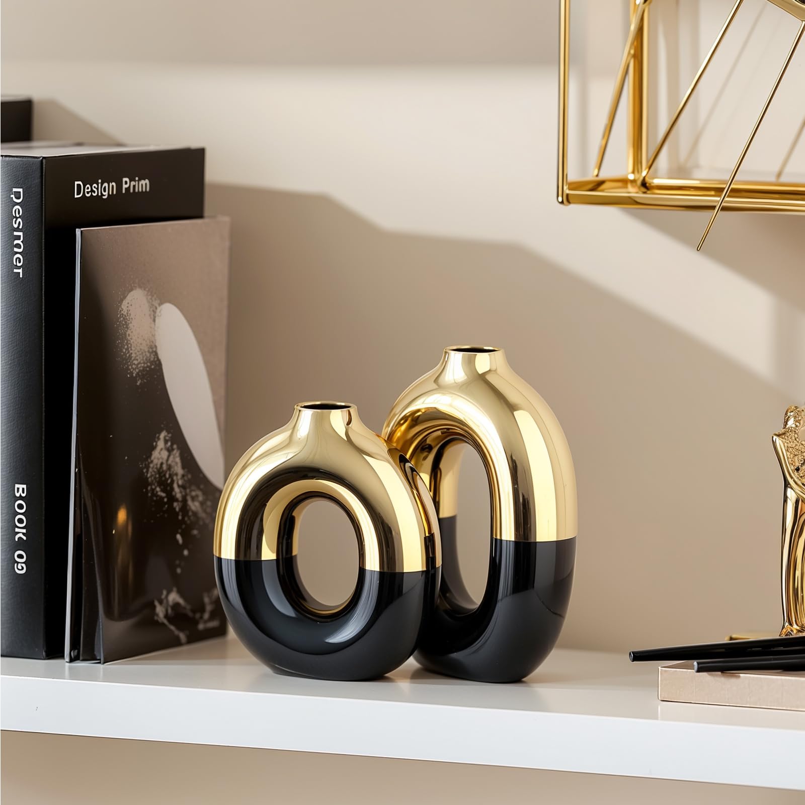 Keramikvasen-Set in Schwarz und Gold, runde Donut-Vase für Pampasgras für Regaldekoration, Zuhause, nordische Moderne ovale Vase für Bücherregal, Kaminsims, Tafelaufsätze, Bauernhaus, rustikale