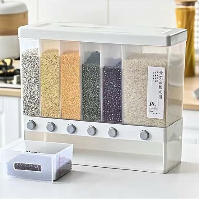 YORKING Dry Food Dispenser 6 in 1 Wall Mounted Plastic Transparent Rice Bucket Grain Dispenser Kitchen Sealed Cereal Dispenser Rice Storage Box with Lid Moisture Proof Household Cereal Bucket