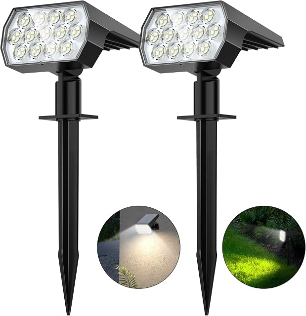 Flaow Solar Garden Lights, 52 LED Solar Spot Lights Outdoor, 6500K Cool White Solar Powered Garden Lights Waterproof, Dusk-to-Dawn, Solar Landscape Spotlights for Garden Pathway Wall Porch, 2 Pack