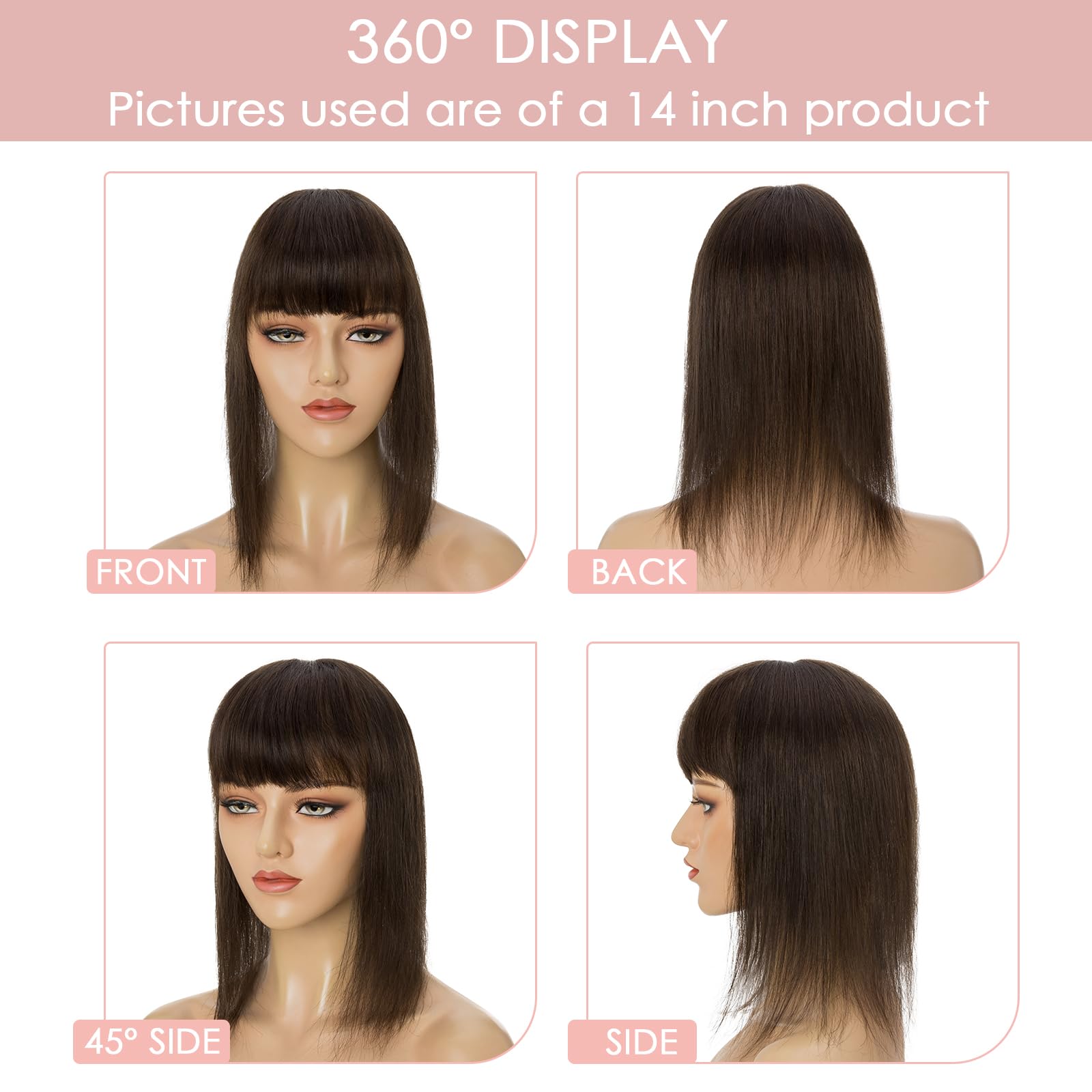 Silk-co Topper Extensions Haarteile Echthaar Clip in Extensions Echthaar Weich Natürlich Glatt Toupet Haarverlängerung mit Pony(11cm lang) 7A Remy Haare 50cm-49g 02# Dunkelbraun
