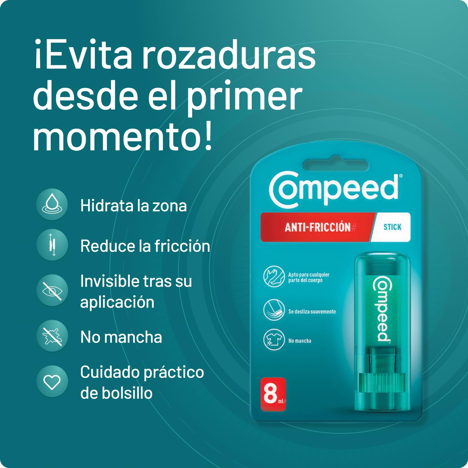 COMPEED Stick Anti-fricción, Tratamiento de Pies Fricción y Ampollas, Barra 8 ml