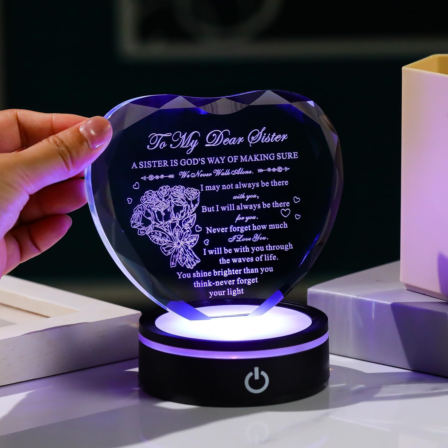 BLUEBOOK Sister Christmas Gifts from Sisters, Heart-shaped Crystal Plaque with Multicolor LED Base, Unique Birthday gift, Glass Laser Engraving, Sisterhood Keepsake Gift - Image 5