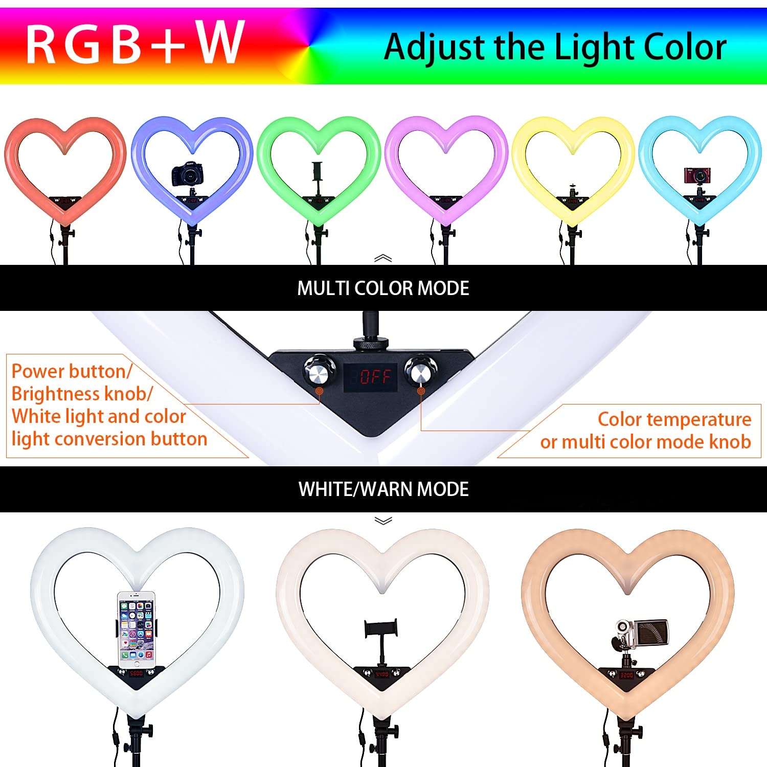 Lampada fotografica ad anello a forma di cuore a LED RGB da 19 pollici con treppiede per il trucco della registrazione video