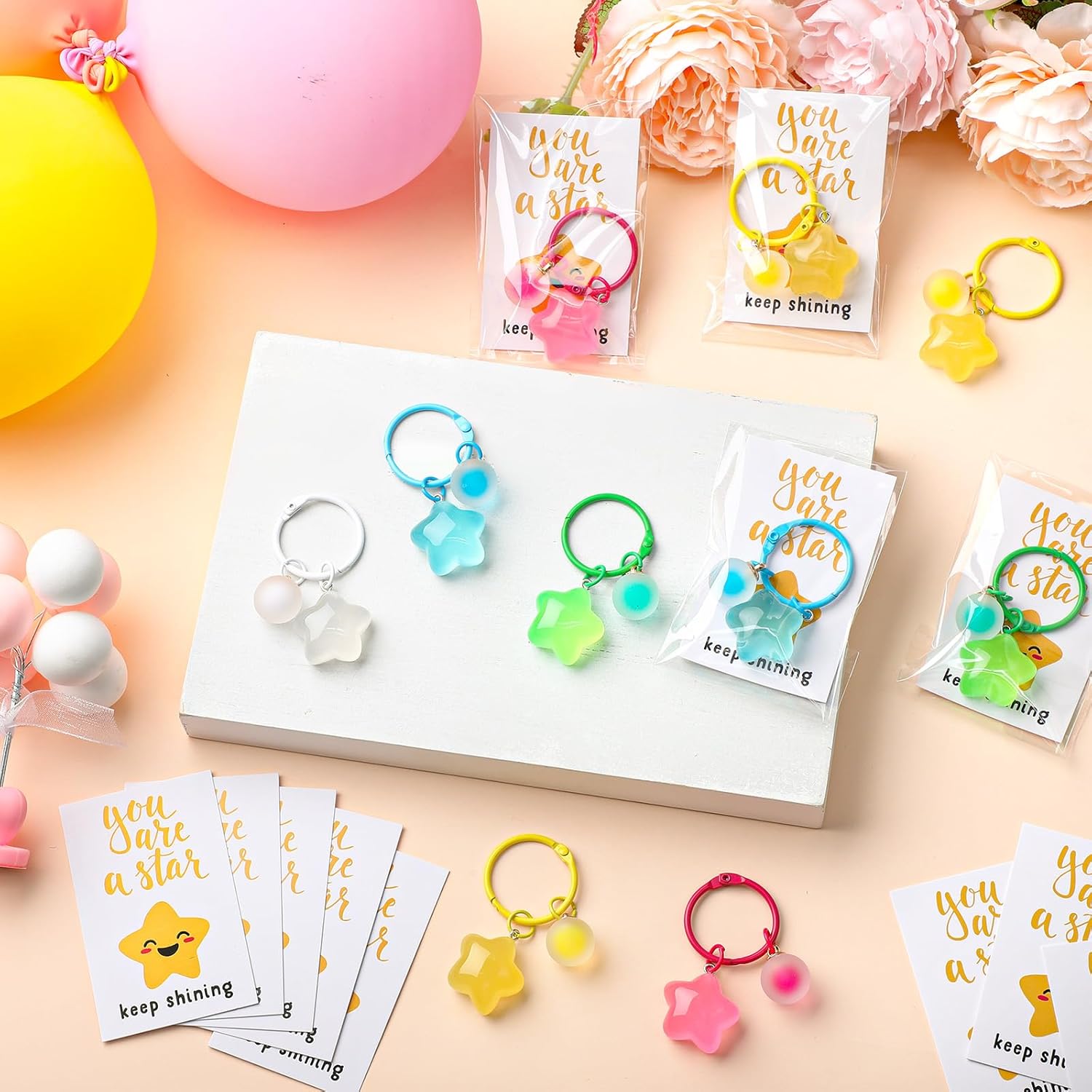 Tondiamo Glow In the Dark Keychains with Star Cards Appreciation Gifts for Prize Rewards
