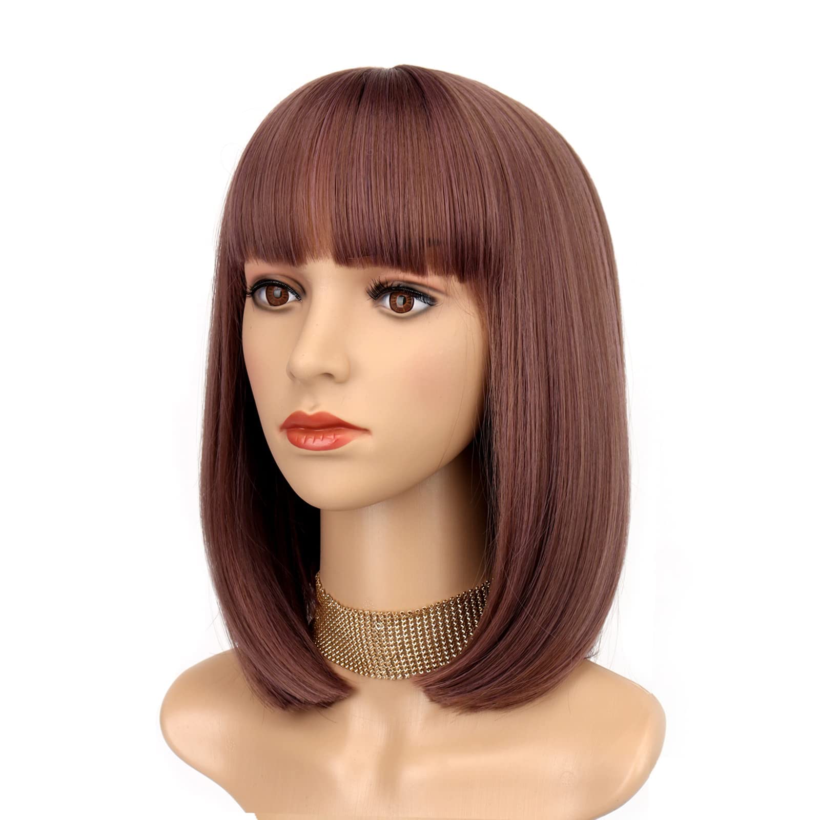 LINGHANGShort Purple Bob Wig with Bangs Short Straight Bob Wigs for Women Shoulder Length Cosplay Halloween Wig Heat Resistant Synthetic Wigs Party Daily Use
