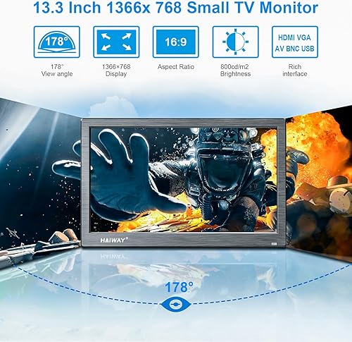 Miniatura 9 de Monitor de seguridad de 13.3 pulgadas, monitor LED de 1366 x 768, pequeño monitor HDMI con control remoto altavoces integrados, mini monitor HDMI,