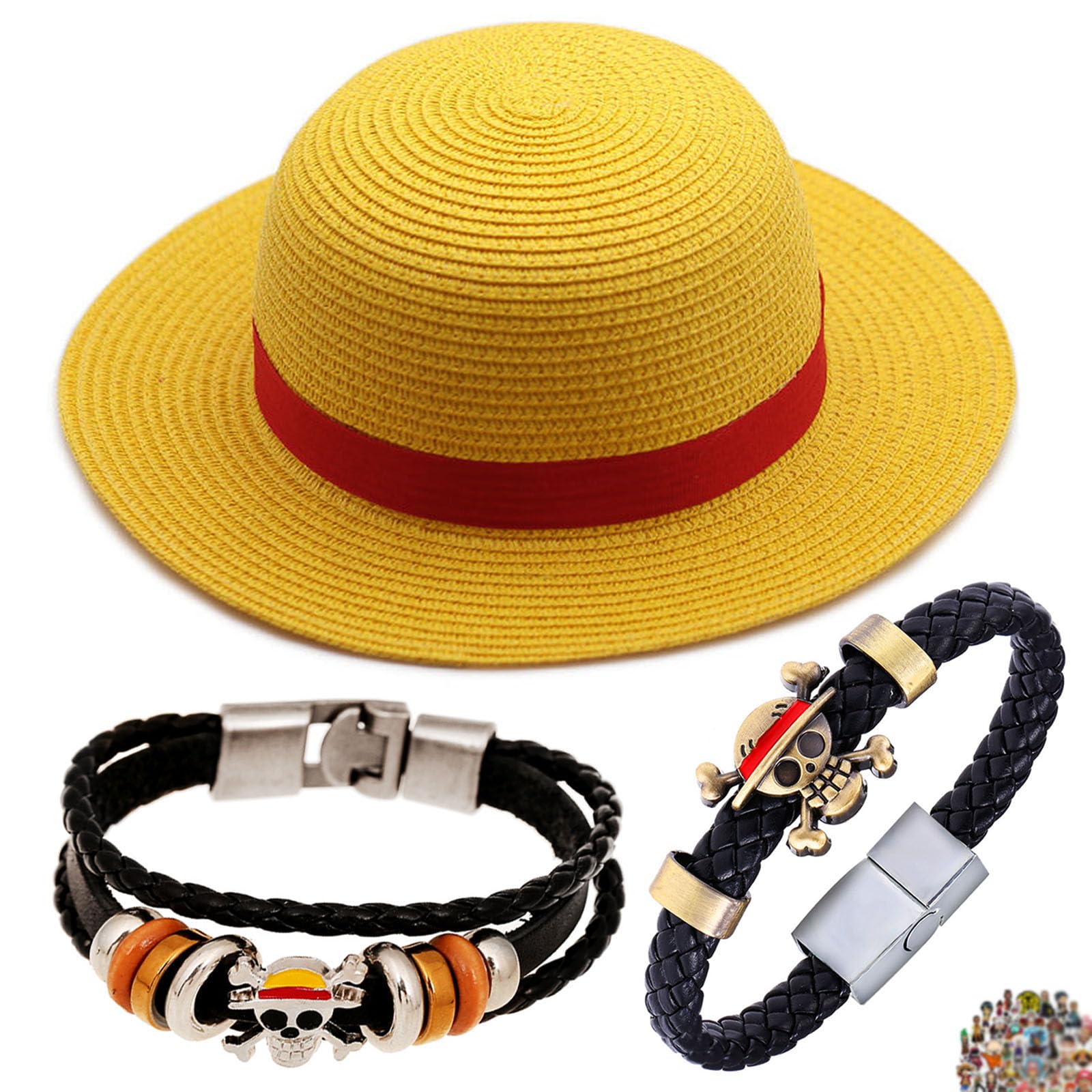 YouU Straw Hat Anime Jewelry Rufy Bracelets Summer Outdoor Travel Cosplay Costumes accessories3 pcs, Red, 51cm x 8.3cm x 10cm