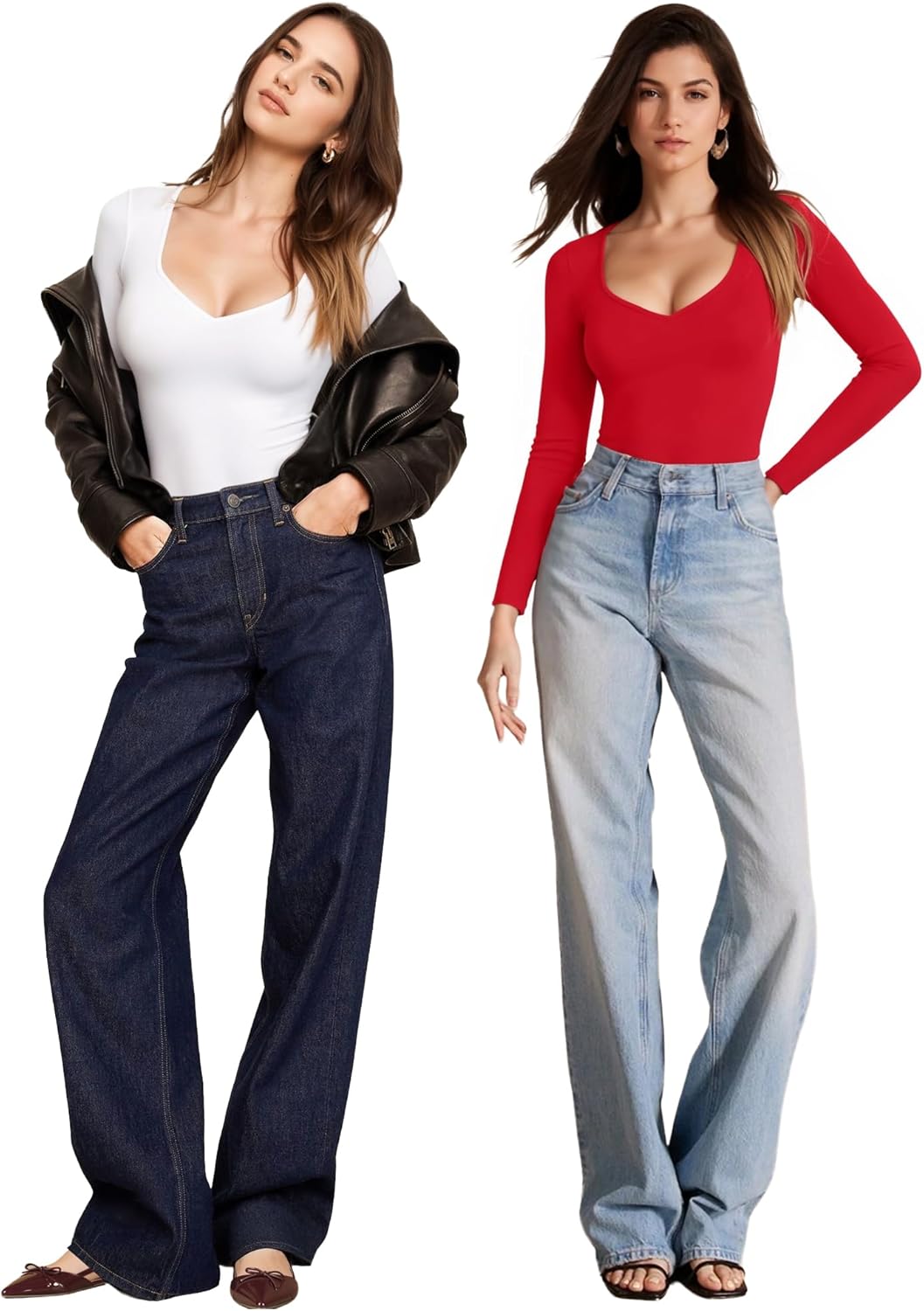 MANGOPOP Sweetheart V Neck Bodysuits for Women Long Short Sleeve Body Suits Tops Shirt - Image 4