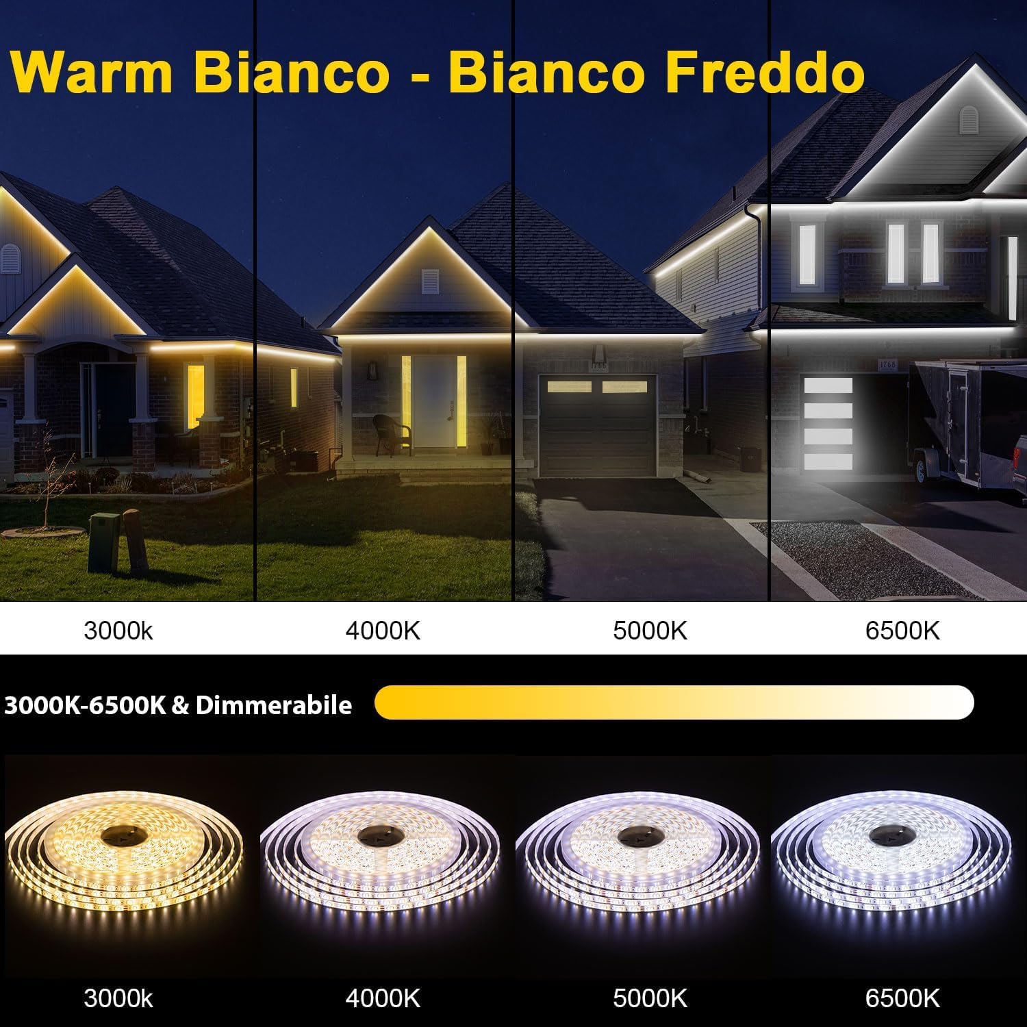 15M Striscia LED Esterno Bianco Freddo a Bianco Caldo Dimmerabile | Luci LED Compatibile con Alexa, Luce LED Senza Filo Smart, 24v Impermeabile Striscia Adesive per Cucina, Giardino